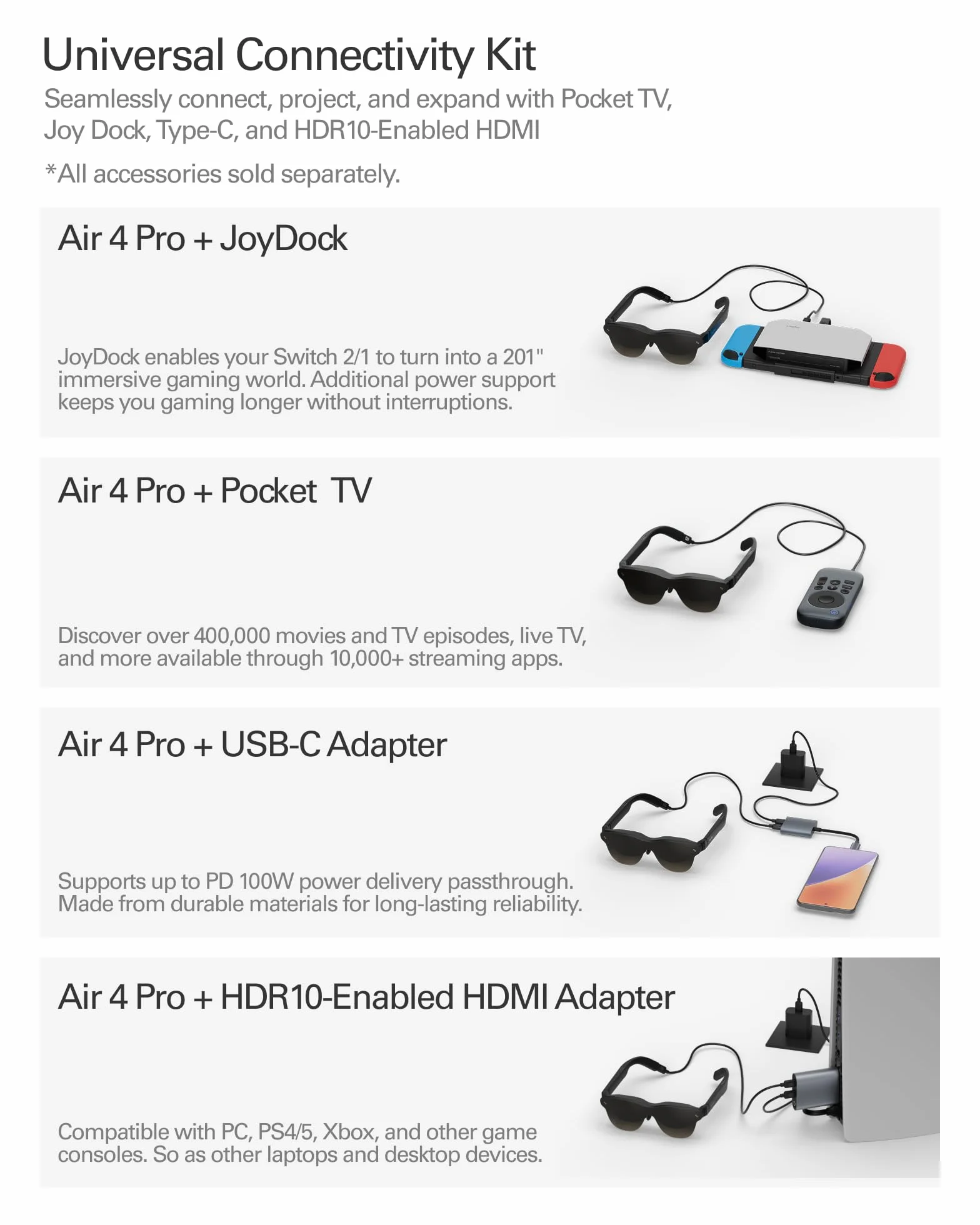 RayNeo Air 4 Pro Okulary AR/XR, Wyświetlacz HDR10, Chip Vision 4000, Wirtualne Kino 201 cali, Dźwięk przez Bang & Olufsen, Okulary 3D do Filmów i Gier dla iPhone 17,16,15/Android/Mac/Steam Deck/PS4/5