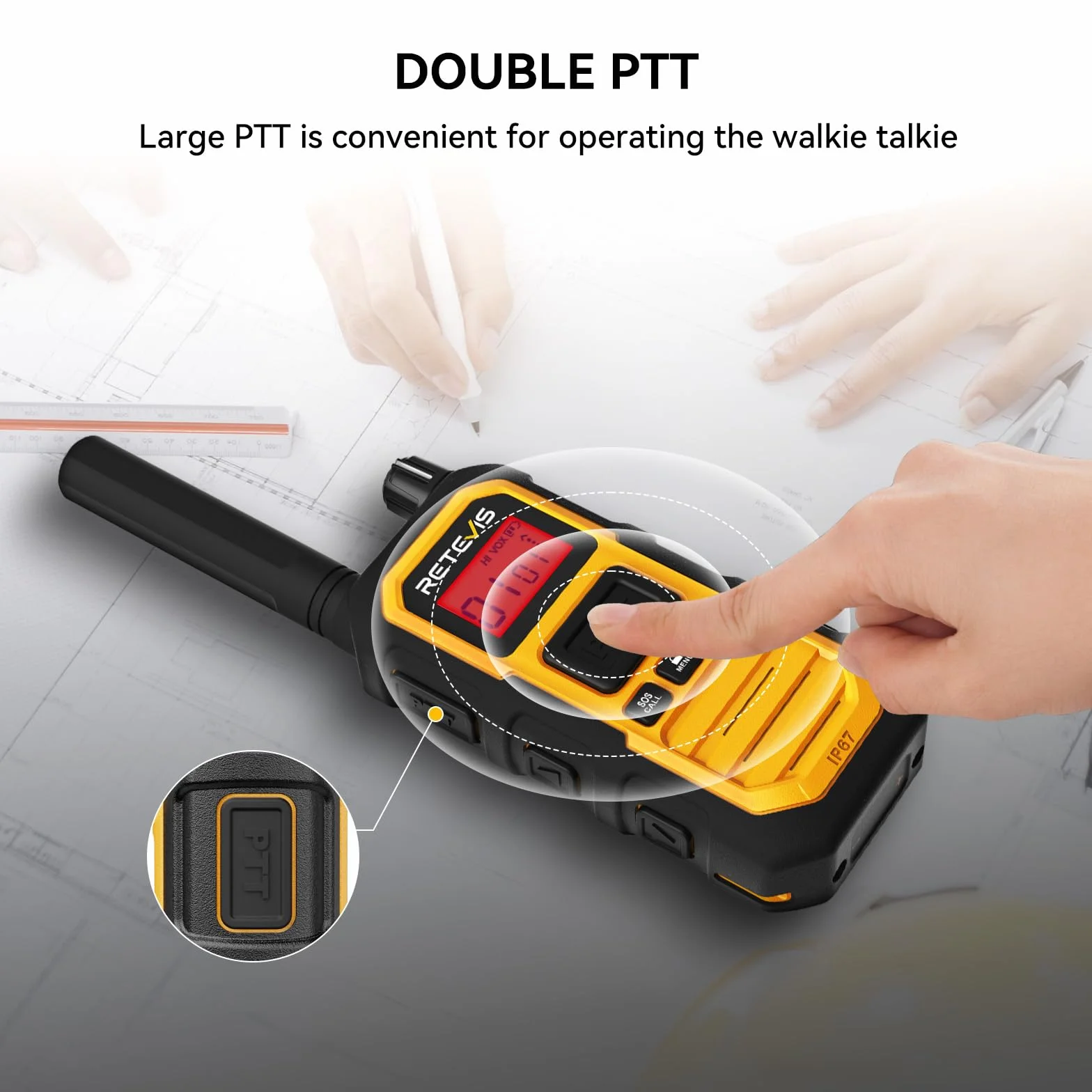 Retevis RB648 Plus Walkie Talkie o Dużej Mocy, IP67 Wodoodporne Radio Dwukierunkowe ze Słuchawkami, Połączenie Grupowe, 2000mAh, VOX, Profesjonalne Walkie Talkie dla Dorosłych, Produkcji(4 Szt. Żółty)