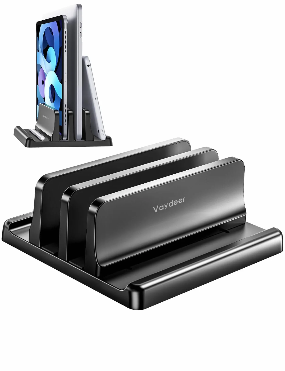 VAYDEER Pionowy stojak na laptopa, regulowany stojak na laptopa 4 w 1, z 2 przegródkami oszczędzającymi miejsce, na MacBook, laptop, iPad, laptopy do 17,3", czarny