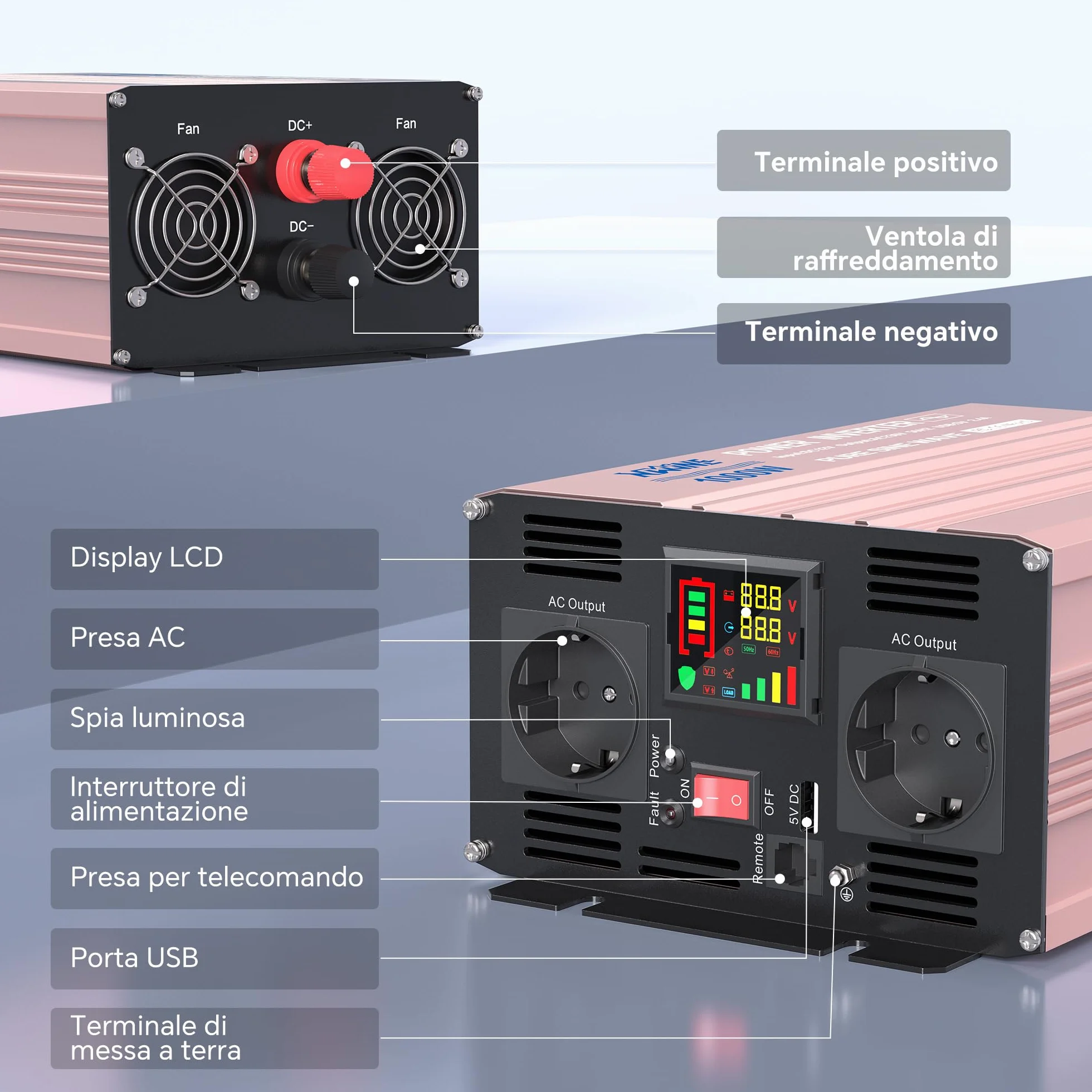 XWJNE Falownik 1000 W, 12 V na 230 V, czysty sinus, przetwornica napięcia z 2 gniazdami UE i 1 przyłączem USB, przekładnik prądu do samochodu, ładowania telefonów komórkowych, laptopów i innych