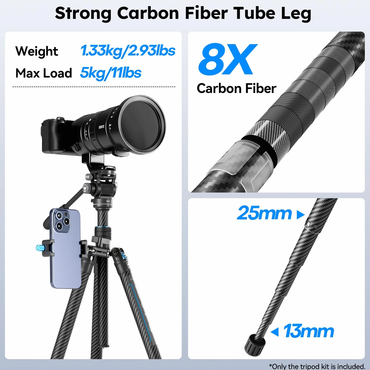 SIRUI Traveler Air Carbon statyw do kamery z głowicą przechylającą KV-5, ultralekki 1,33 kg, maks. wysokość 152 cm, nośność 5 kg, kompaktowy statyw podróżny do lustrzanek cyfrowych i aparatów