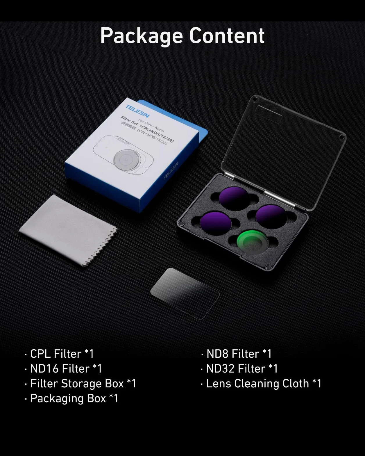 TELESIN Zestaw filtrów CPL ND do DJI Osmo Nano, filtr CPL ND8 ND16 ND32 + szkło ochronne Folie ochronna wyświetlacza, filtr neutralno-cieniujący i polaryzacyjny, szkło optyczne HD, akcesoria do kamery