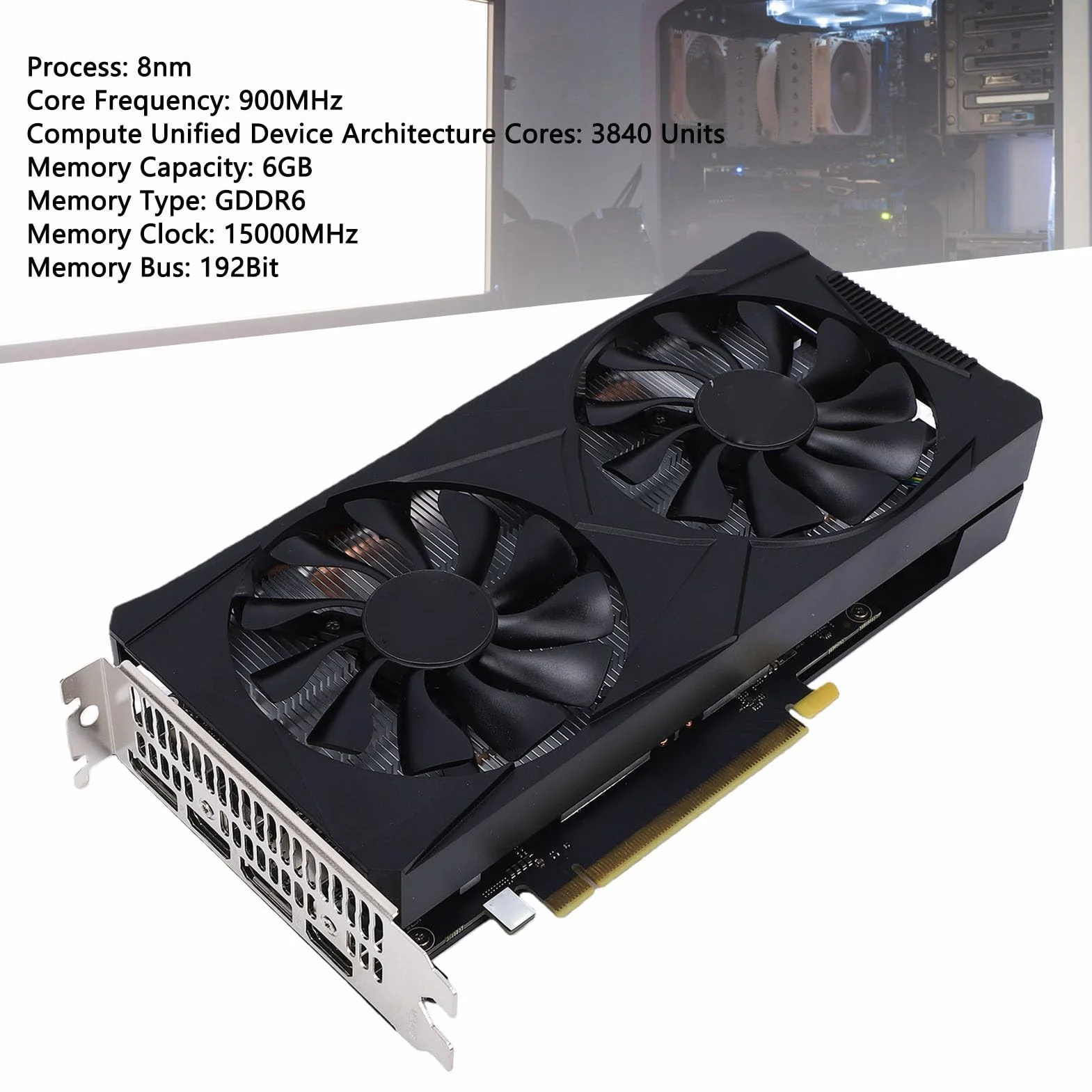Bewinner Karta Graficzna 6 GB GDDR6 192-bitowy Procesor Graficzny PCIe 3.0 X16 z Dwoma Wentylatorami, Obsługa Ray Tracing DLSS, Wysoka wydajność FPS 1080p 2K, Port HDMI DisplayPort