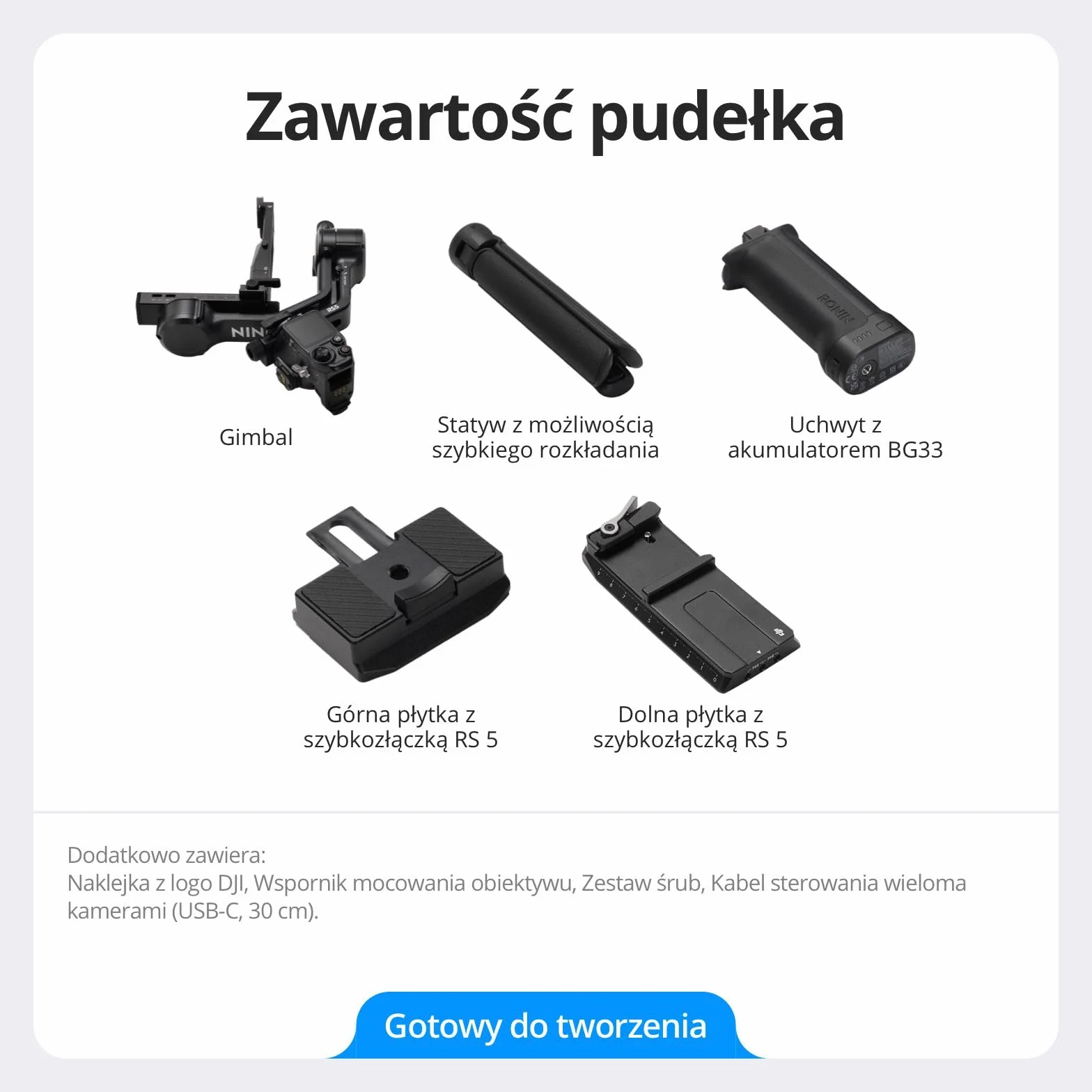 DJI RS 5, stabilizator gimbala do kamer, Canon/Sony/Nikon/Fujifilm | pokrętła precyzyjnej regulacji, automatyczne blokady osi 2. generacji, statyw z szybkim otwarciem, wskaźnik osi Z