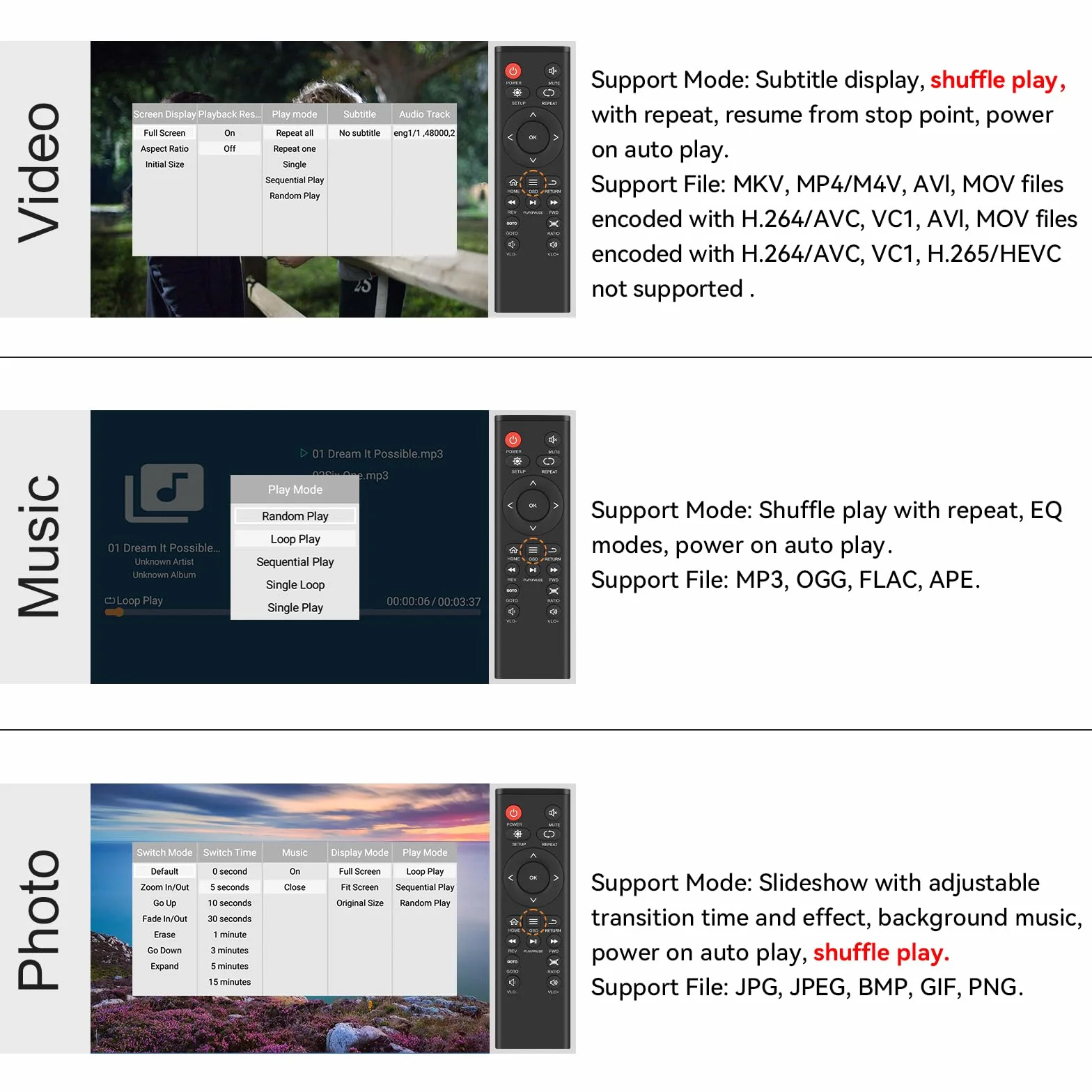 Odtwarzacz multimedialny HDMI, Mini 1080p Full-HD Ultra HDMI Cyfrowy odtwarzacz multimedialny dla -MKV/RM- dysków twardych USB i kart SD