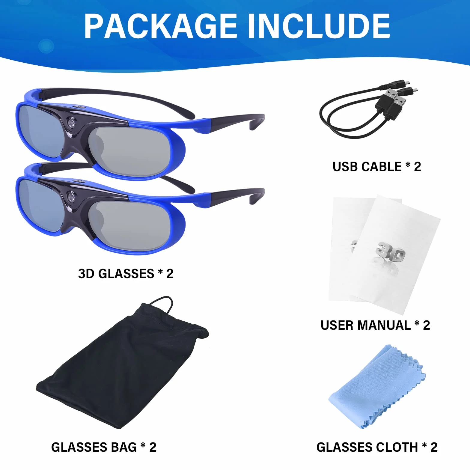 Okulary 3D, aktywna migawka DLP Link, okulary do ponownego ładowania 3D DLP Link Projektor BenQ Optoma Viewsonic Acer Philips LG Infocus NEC Jmgo Vivitek Cocar Toumei Beamer - niebieskie, 2 sztuki