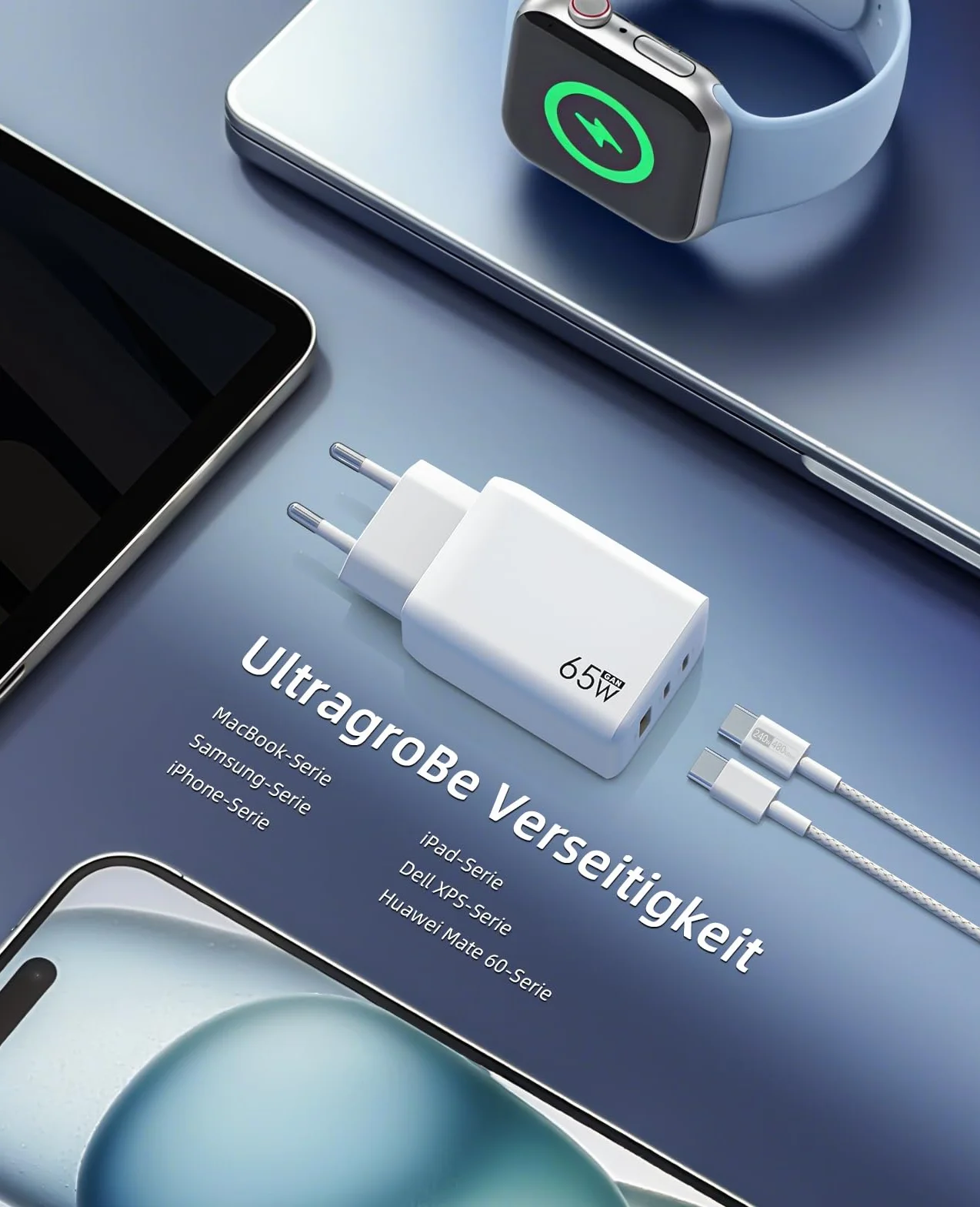Ładowarka USB C 65 W, 3-portowa, ładowarka PD 60 W, szybkie ładowanie PPS, kompatybilna z iPhone 17/16/15, Samsung Galaxy S25/S24 Ultra, MacBook Pro/Air, iPad, Google Pixel 10/9 itd.