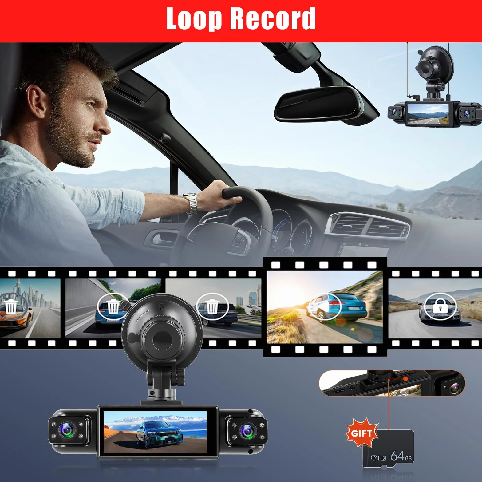 1080P Dash Cam 360 stopni 4 kanały ekranu 3,16 cala | Dashcam z kartą SD 64G G czujnik, kamera cofania, tryb parkowania 24H, noktowizor, nagrywanie w pętli