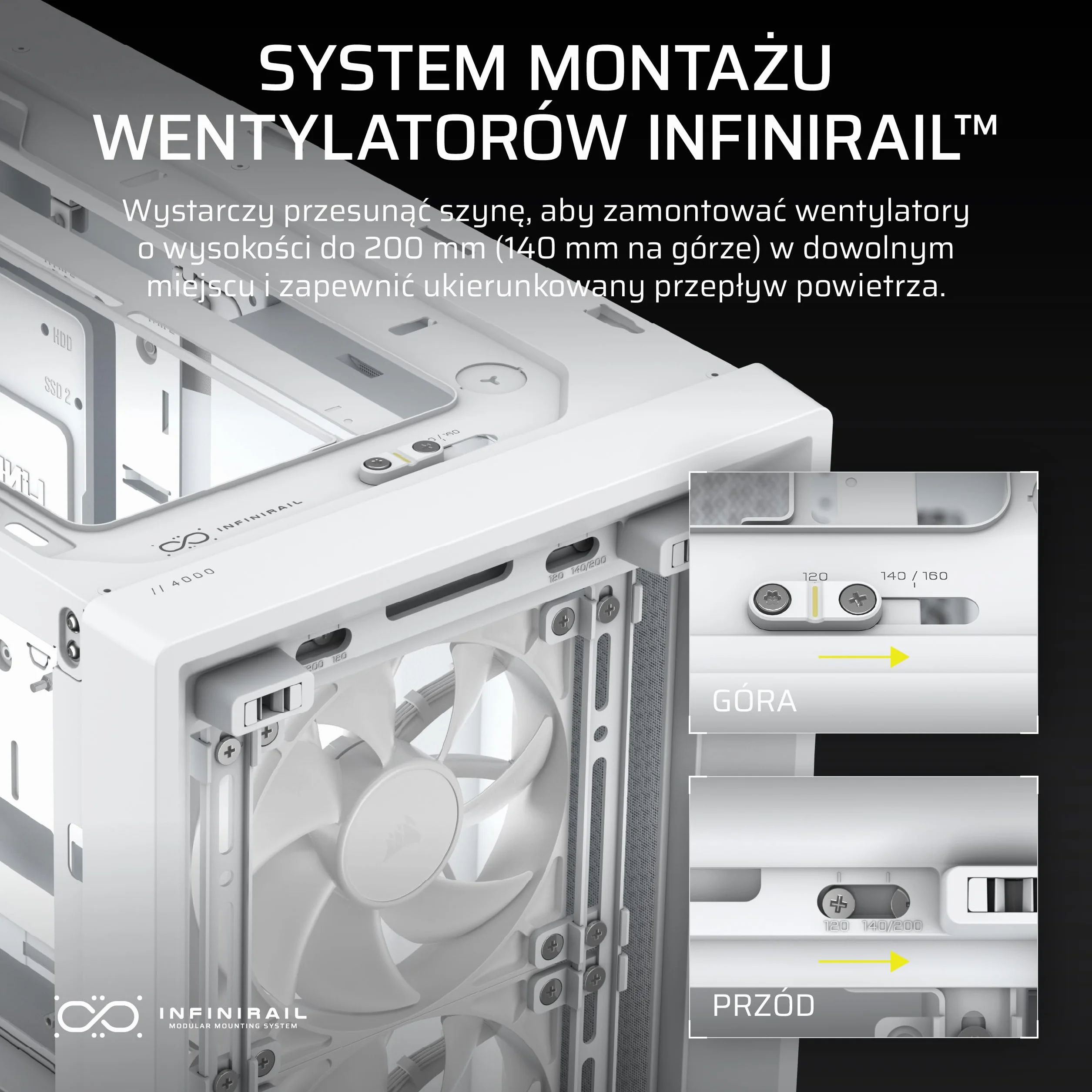 CORSAIR Modułowa obudowa PC 4000D RS Frame High Airflow Mid-Tower PC - 3 x wentylatory CORSAIR RS - system montażu wentylatora InfiniRail™ - pasuje do wielu grzejników 360 mm - kompatybilna z płytą