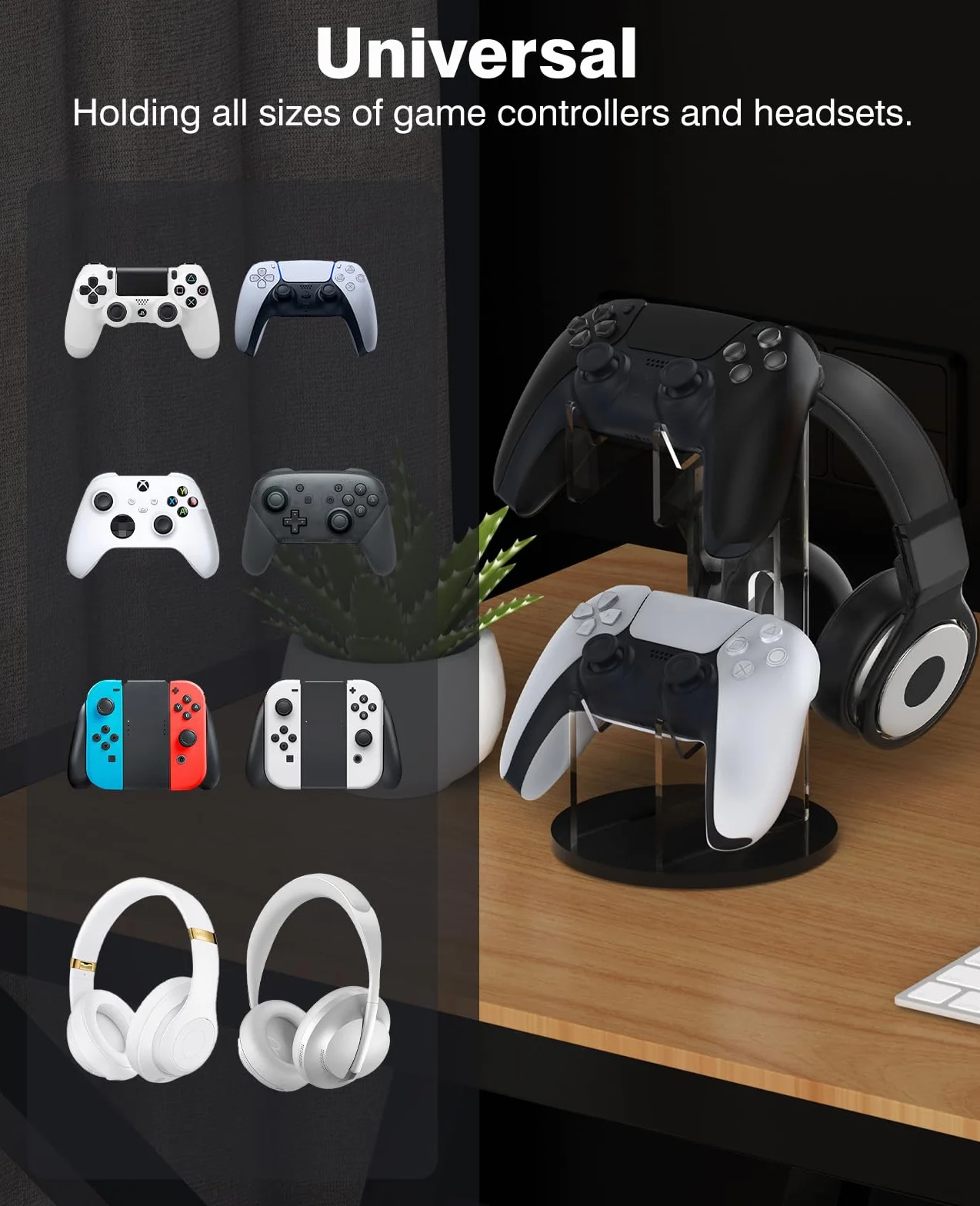 MoKo Universal Stand for Gamepad and Headphone Stand, 2 in 1 Game Controller Support Holder Storage Organizer for Switch/Switch 2, ps5, ps4, xbox One, Xbox Series, Gaming Accessories, Black & Clear | Wysokiej jakości akryl. Podkładka antypoślizgowa. Kompa