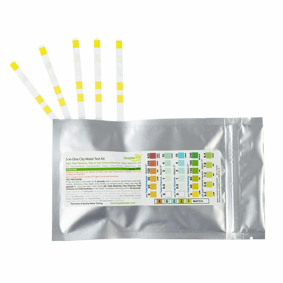 SimplexHealth City Water Test Kit 12,7 cm 5 pasków test wody pitnej twardość całkowita zasadowość chlor całkowity wolny chlor pH