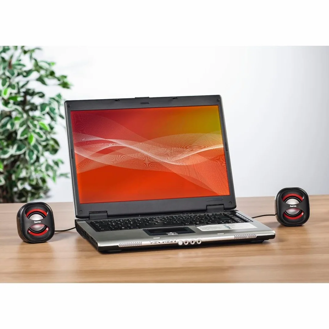 Hama Przewodowe głośniki do laptopa "Sonic Mobil 183" (Jack 3,5mm, regulator głośności, stereo, 120-20000 Hz, 7,2 x 7,5 x 8,2 cm) czarne/czerwone