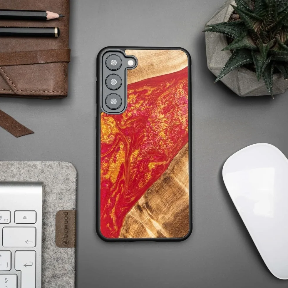 Unikalne etui kompatybilne z Samsung Galaxy S23 Plus, ręcznie wykonane etui ochronne z naturalnego drewna i żywicy neonowej, wzornictwo neonowe Paryż, kompatybilne z MagSafe, odporne na