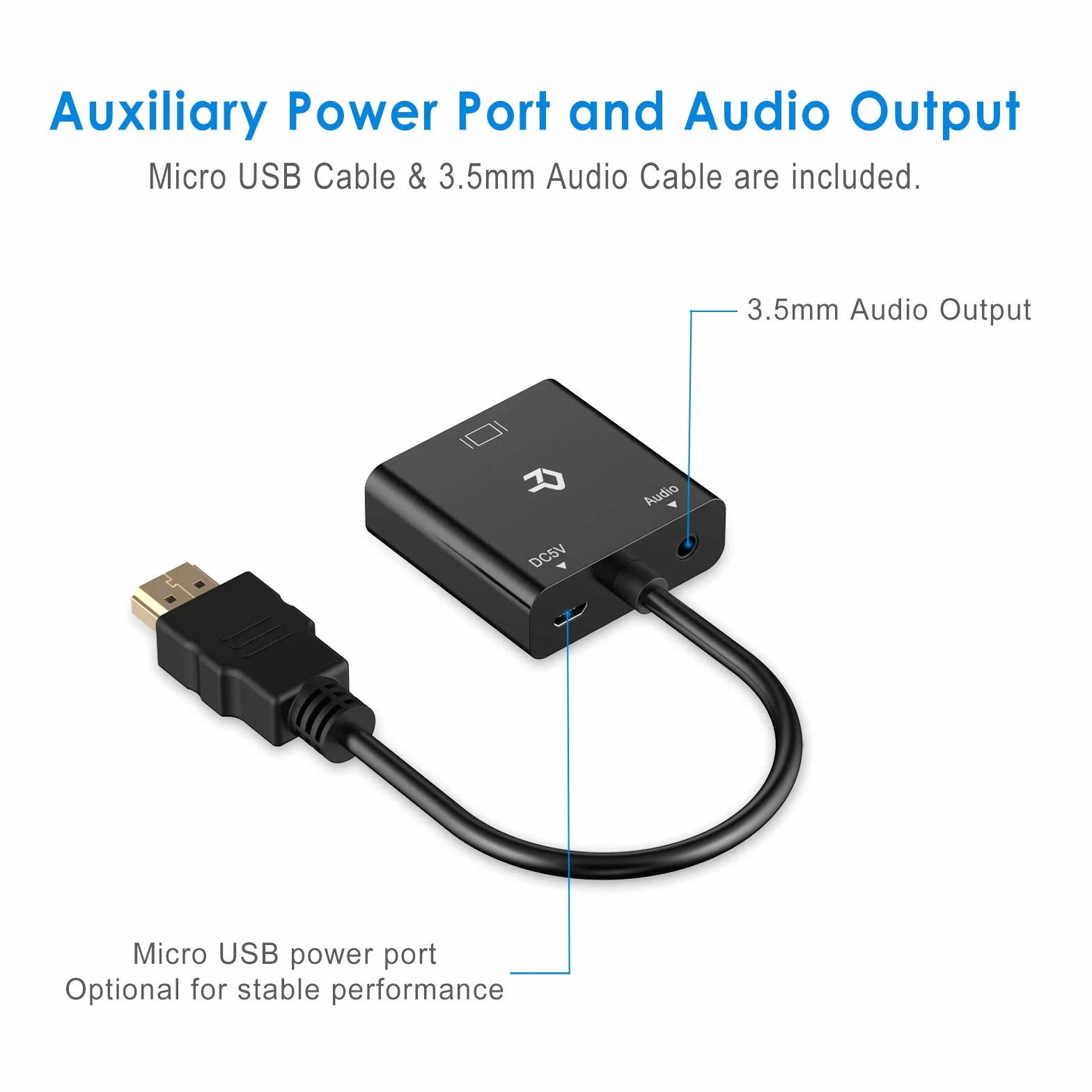 Rankie Adapter HDMI na VGA, pozłacany 1080P HDTV konwerter z audio i kablem do ładowania micro USB, czarny