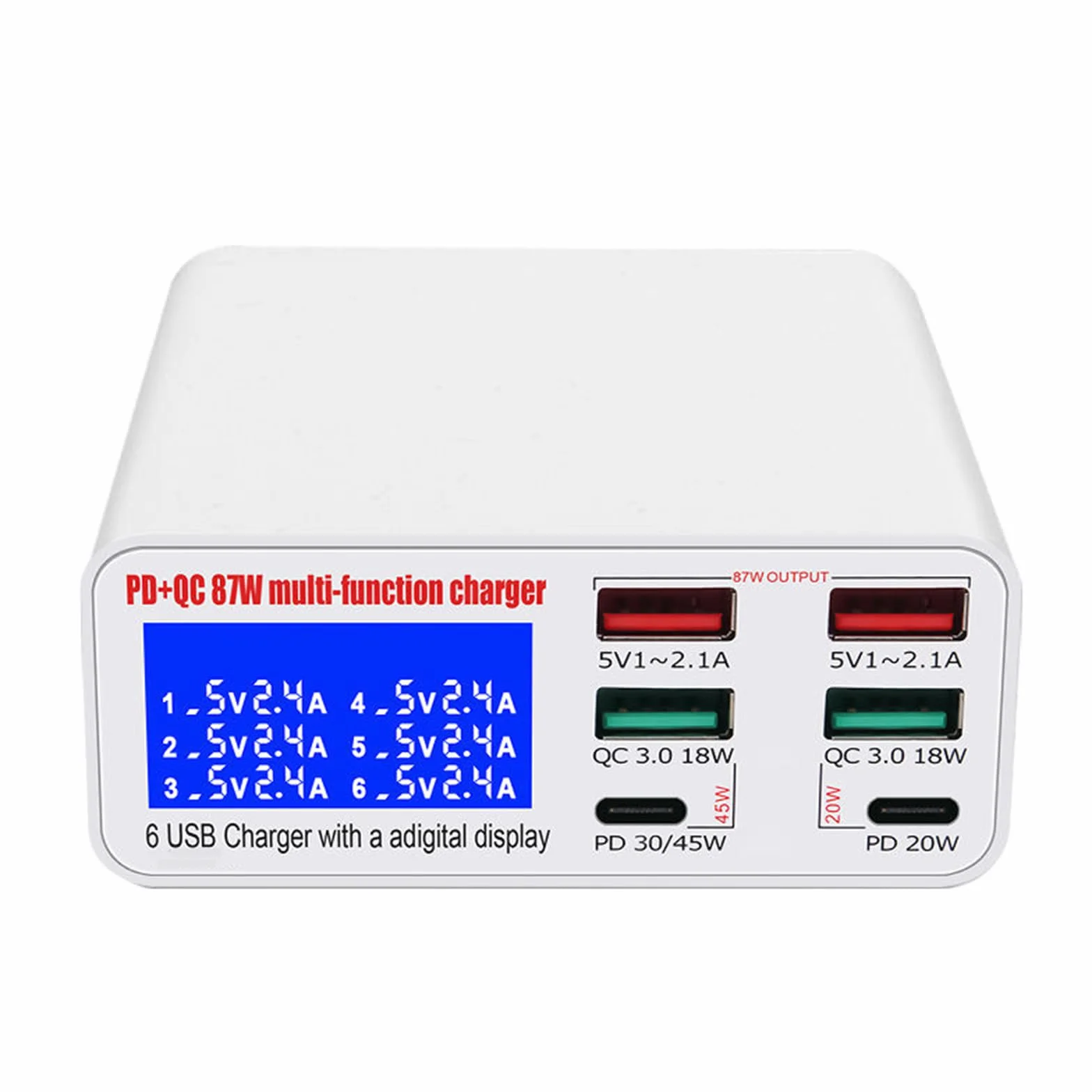 Cyfrowy wyświetlacz LCD LED Light inteligentna szybka ładowarka 6 portów 5V3A 5V2.4A ładowarka do telefonu komórkowego typu C stacja ładująca USB