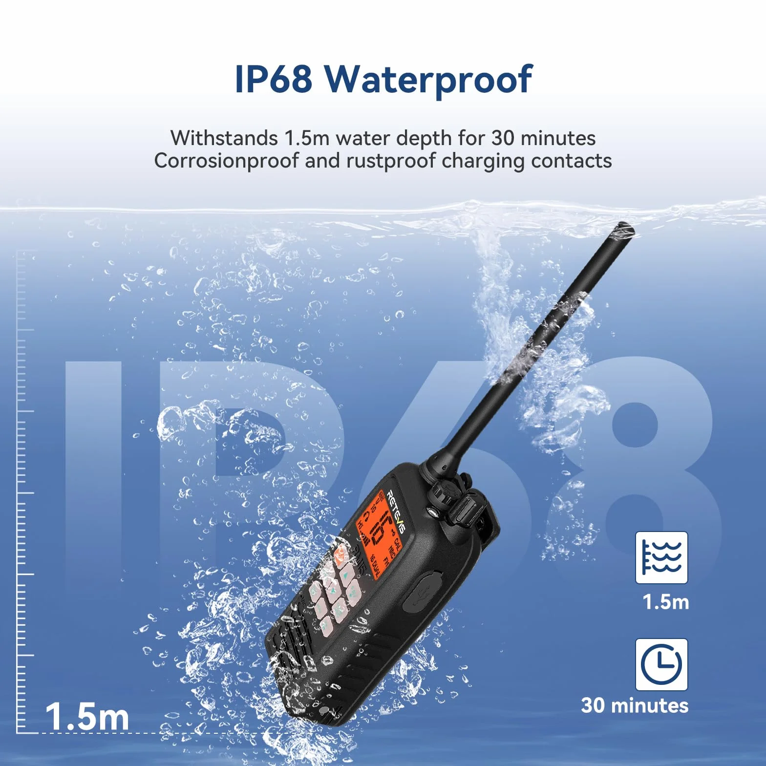 Retevis RM15 VHF Radio Marine, IP68 Pływające Ręczne Radio, Bateria 2000 mAh, Dwukolorowy Ekran, Międzynarodowe Kanały Morskie, Ship to Shore z Głośnikiem dla Łodzi (1 Opakowanie)