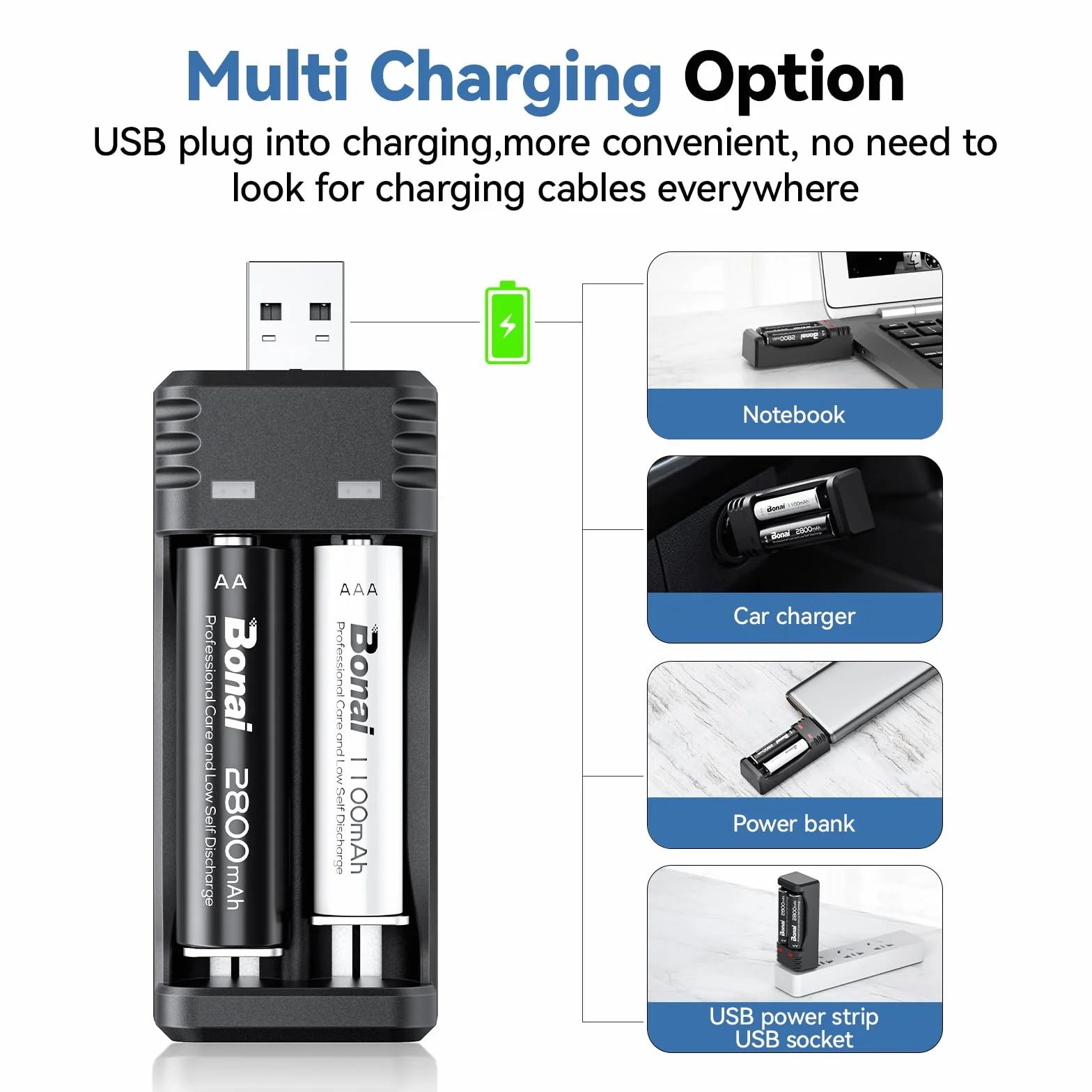 BONAI Akumulatory AA i AAA 1,2 V 2800/1100 mAh do ponownego ładowania, wysoka pojemność z ładowarką, ładowarka USB, szybka ładowarka USB do akumulatorów AA AAA Ni-MH