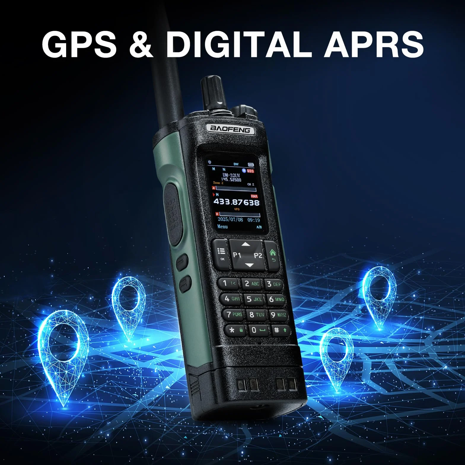 BAOFENG DM-32UV 10W DMR radio, UHF/VHF/AM/FM z GPS i cyfrowym APRS, podwójne gniazdo Tier II, kolorowy wyświetlacz 2", 4000 kanałów, styki 50 K, uchwyt na walizkę, zielony