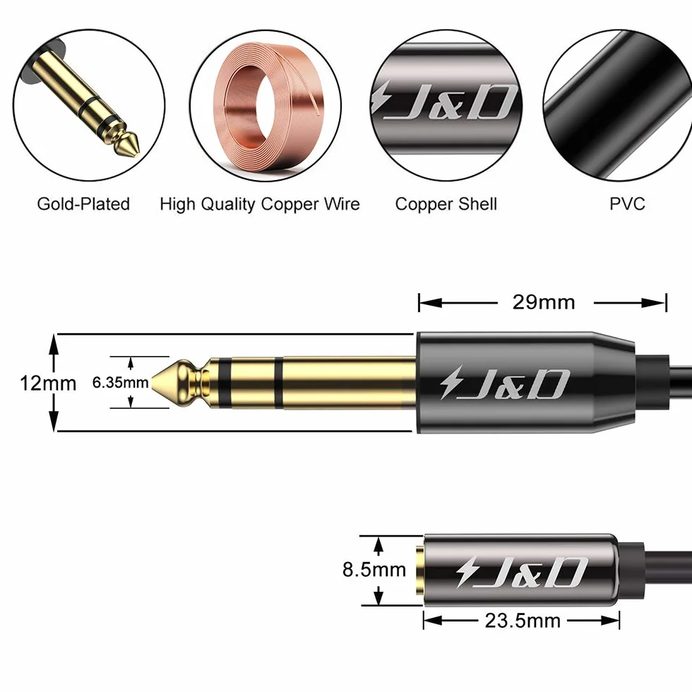 J&D 3,5 mm zu 6,35 mm Kabel, Gold-Plated Kupfer Shell Heavy Duty 3,5mm TRS Weiblich auf 6,35mm TRS Männlich Stereo-Audiokabel Adapter 1.8m