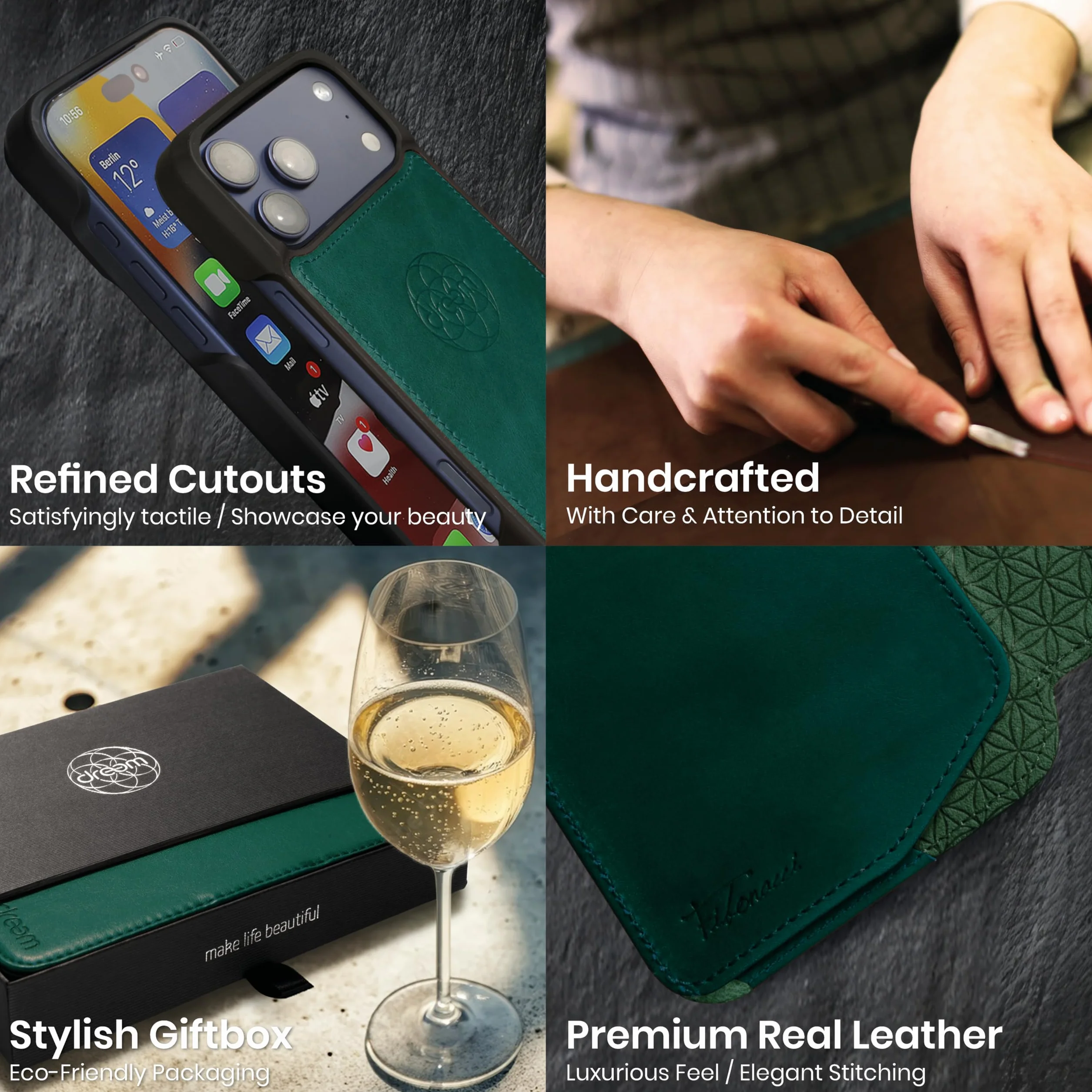 Dreem Skórzane etui do iPhone 17 Pro Max – rewolucyjny stojak i kieszeń na karty, zdejmowane etui magnetyczne, MagSafe-Ready, blokada RFID, etui portfelowe z prawdziwej skóry [Fibonacci: Dark Green]