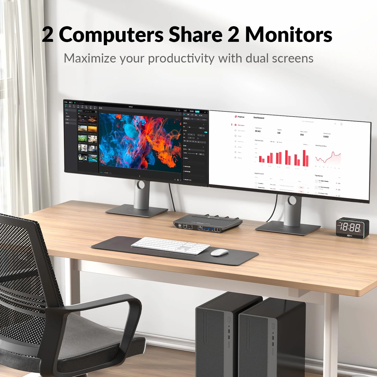 Przełącznik KVM AV Access Dual Monitor 2 porty 4K przy 60Hz, 2K przy 144Hz, HDMI USB 3.0, rozszerzony wyświetlacz, 2 monitory, 2 komputery, ultra szeroki ekran, klawiatura PC, przełącznik skrótu, 2