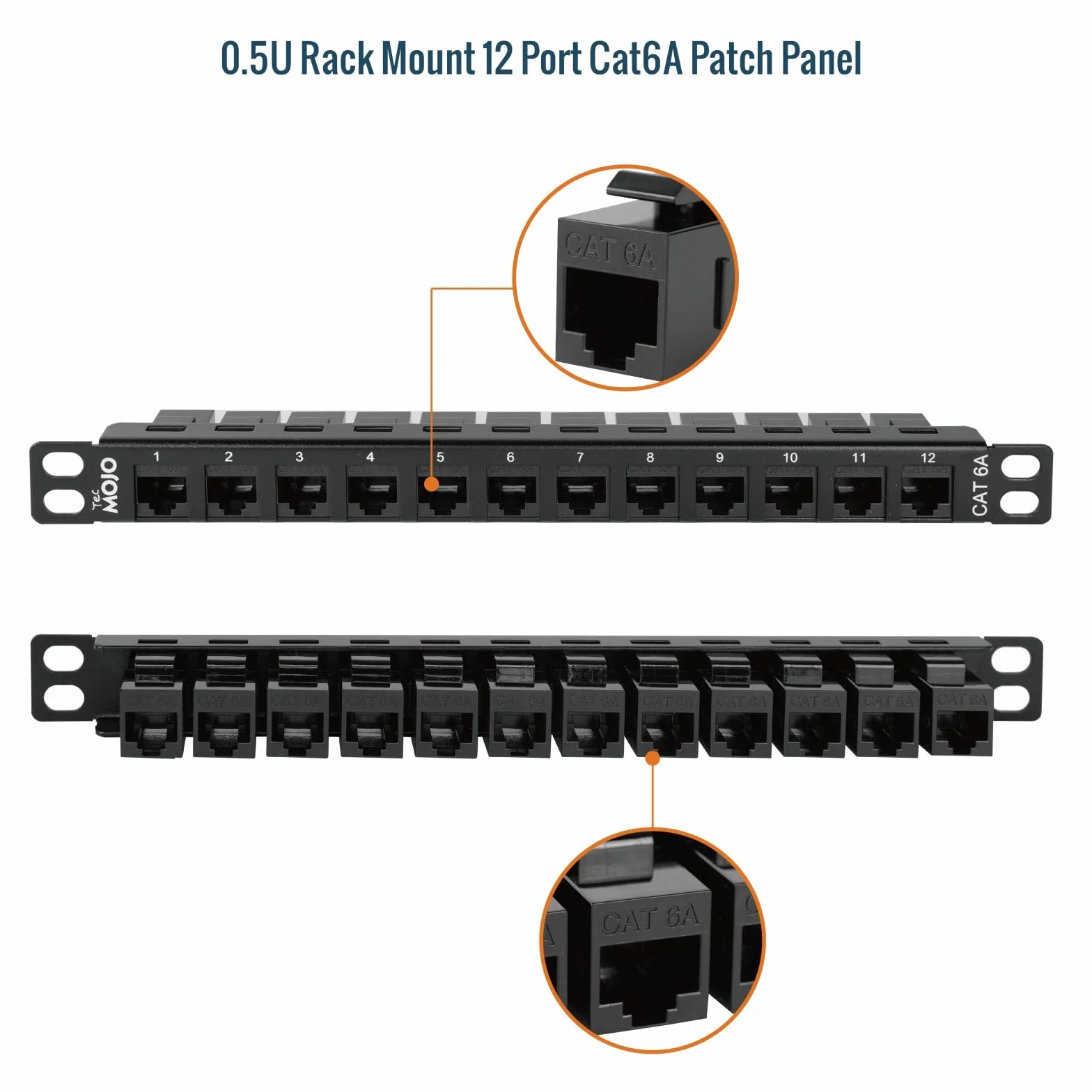 Tecmojo 10-calowy 12-portowy panel krosowy Cat6A, 0,5U panel modułowy do montażu w szafie ze złączem RJ45 Keystone, do szaf serwerowych 10 cali i szaf sieciowych, 10-Gigabit Ethernet, czarny