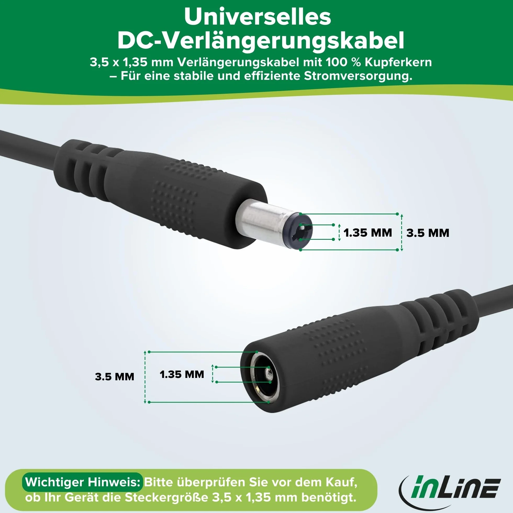 InLine - Przedłużacz DC, uniwersalny zasilacz sieciowy przedłużacz do taśm LED, kamer monitorujących, drukarek, routerów, przełączników itp., wtyczka/gniazdo DC 3,5 x 1,35 mm, czarny, 5 m