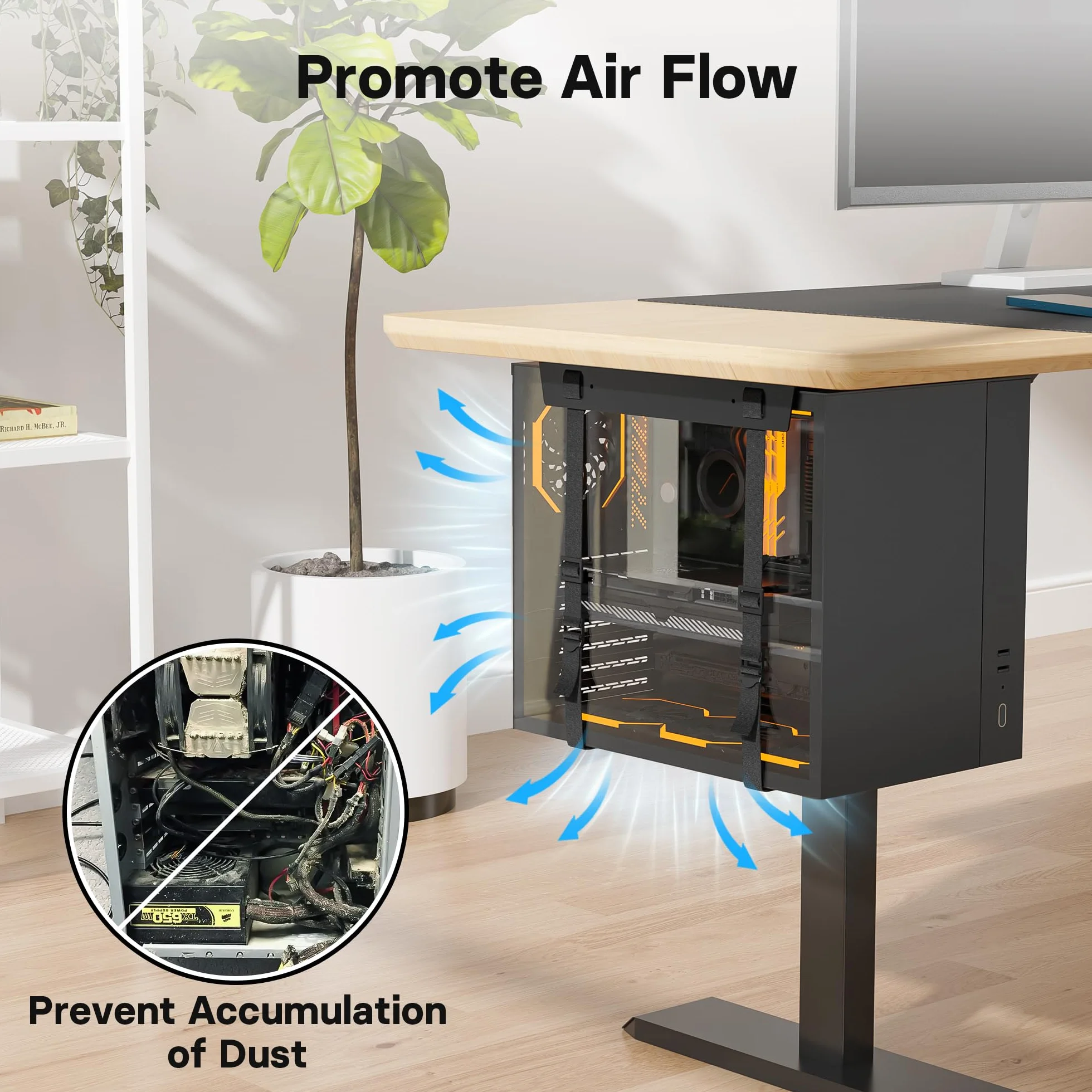 BONTEC Regulowany Montaż PC pod Biurkiem, Uchwyt Komputerowy na CPU, Antykorozyjny Stalowy Stelaż z Regulowanymi Paskami 178 cm, Nośność do 20 kg, Oszczędność Miejsca i Lepsza Wentylacja