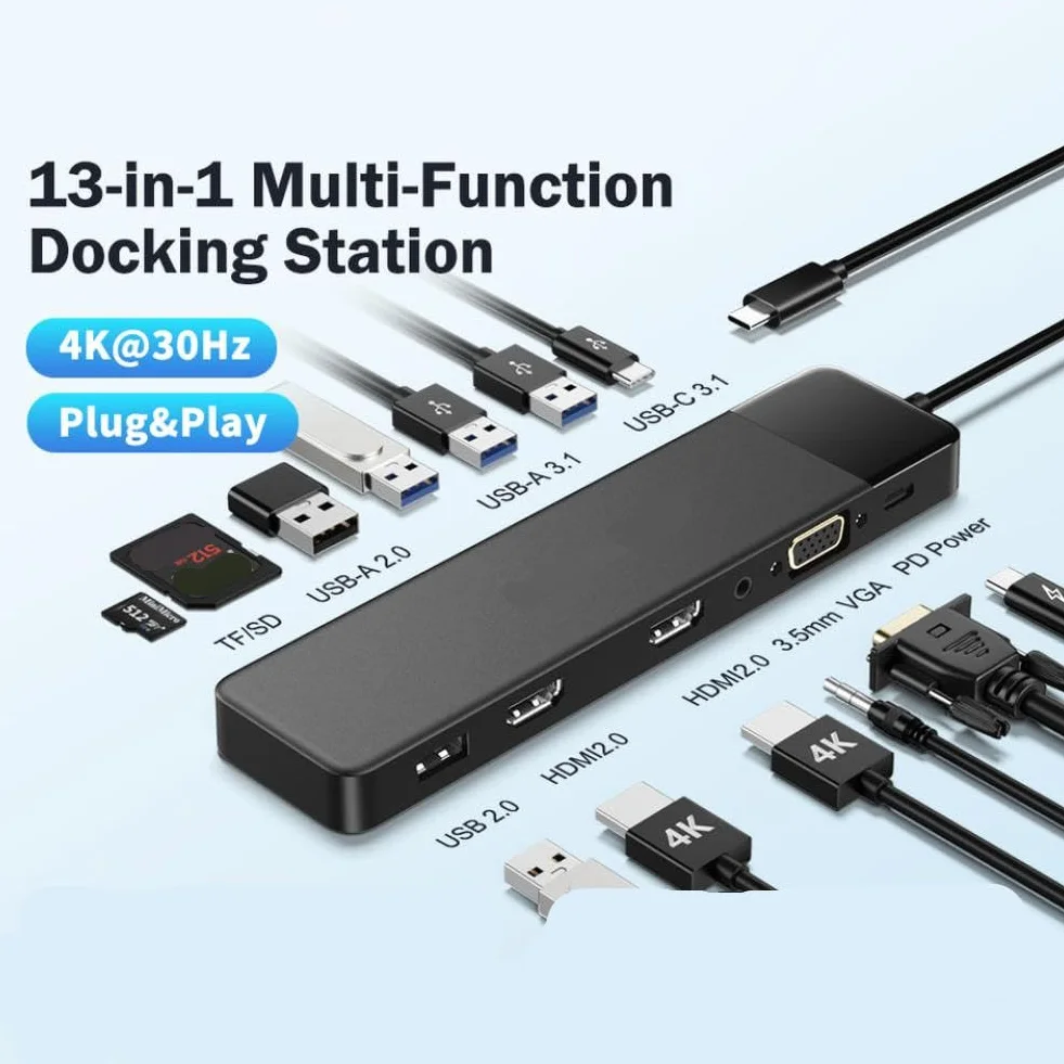 Hub USB C 13 w 1 stacja dokująca 4K 30Hz HDMI USB3.0 PD100W RJ45 VGA SDTF rozdzielacz USB kompatybilny z laptopem Pro Air