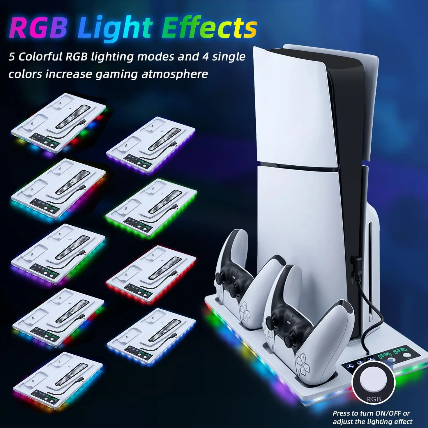 Wigearss Pionowy uchwyt do PS5/PS5 Slim/PS5 Pro z wentylatorami chłodzącymi, wielofunkcyjny ze światłem RGB, ładowarką do sterowników i portem typu C i USB