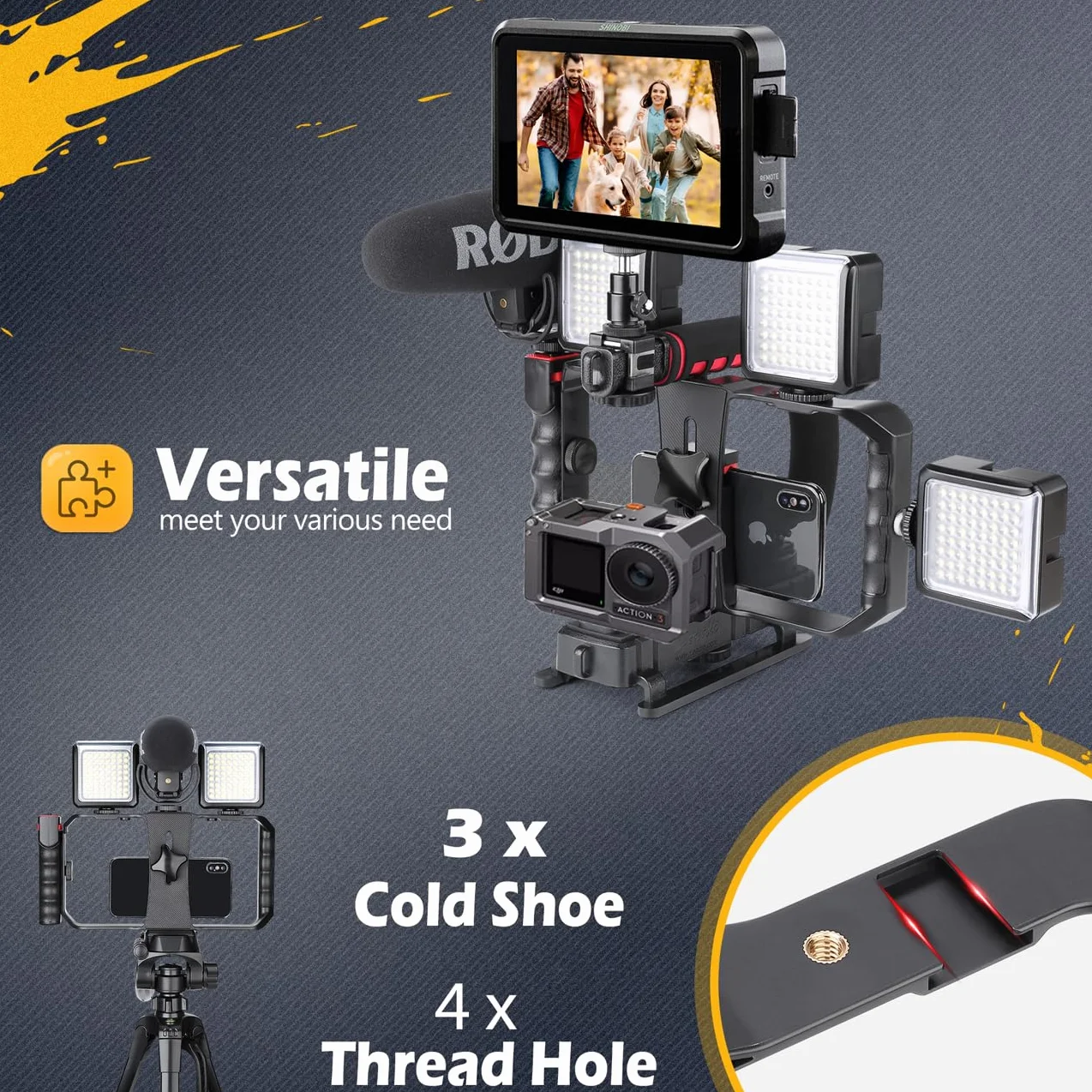 Zeadio Ręczny stabilizator wideo ze smartfonem klatka wideo, potrójny uchwyt zimnego buta kompatybilny ze wszystkimi kamerami akcji DSLR Smartphone