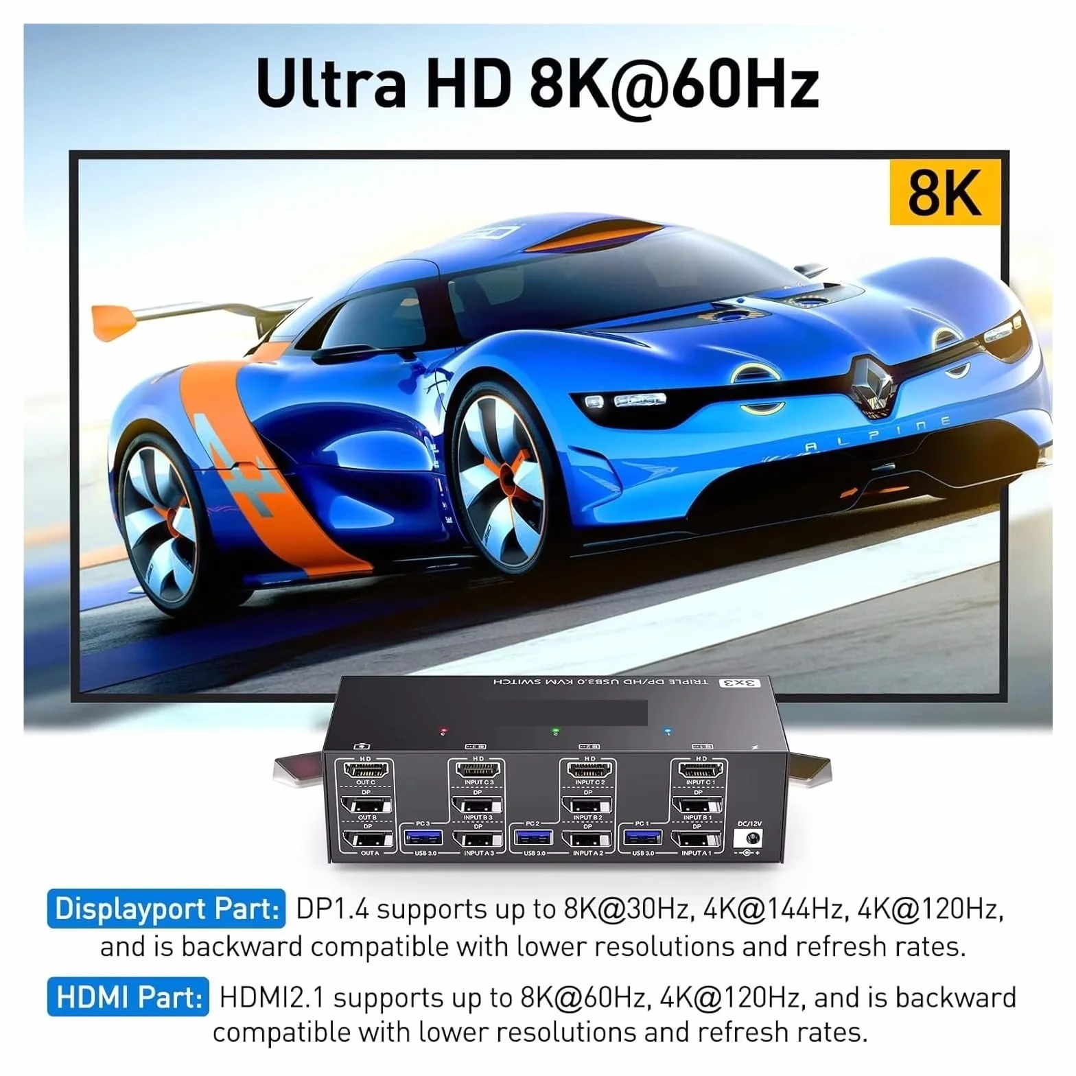 Przełącznik KVM 8K USB 3.0 2.1 DP 1.4 3 monitory 3 komputery, 8K60Hz,4K144Hz potrójny monitor KVM z 4 portami USB 3.0