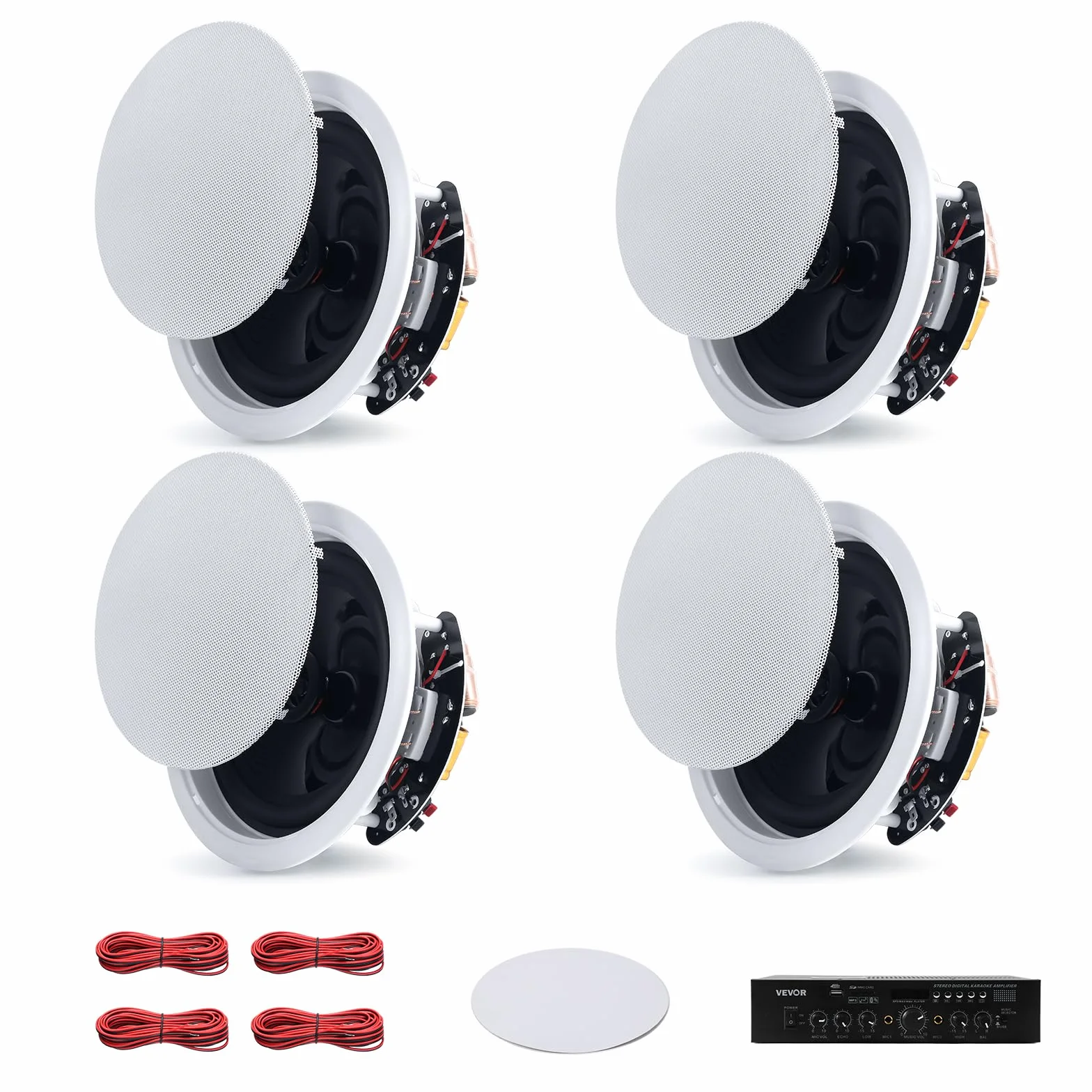 VEVOR Wbudowany głośnik sufitowy Bluetooth 165,1 mm, 4-częściowy zestaw głośników sufitowych do wilgotnych pomieszczeń, kino domowe, salon, zadaszony ganek, ze wzmacniaczem, 2-drożny montaż podtynkowy