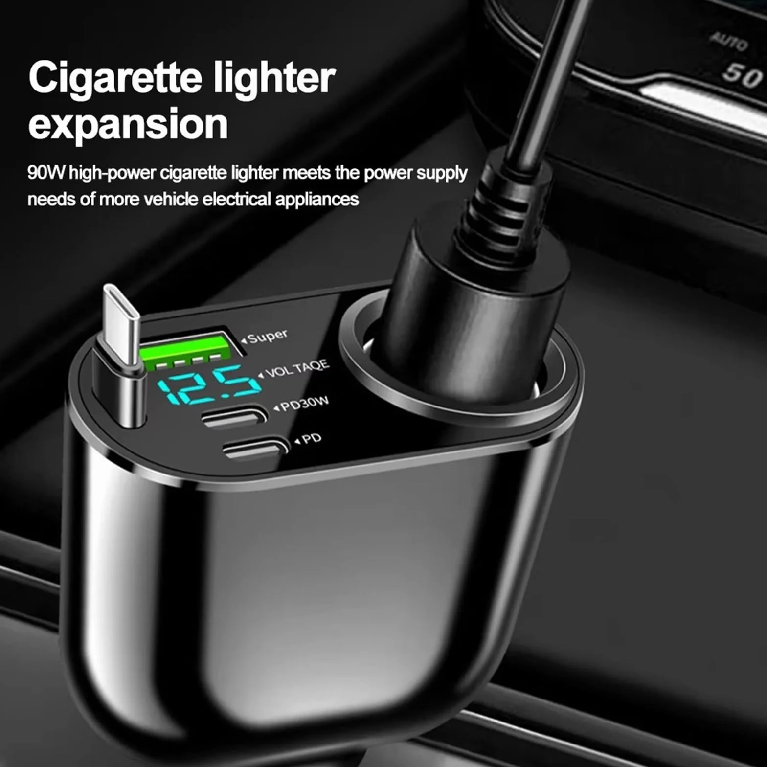 Kabel teleskopowy do szybkiego ładowania 120/90/66 W, 4 w 1, 2 porty USB, adapter, kompatybilna zapalniczka(90W)