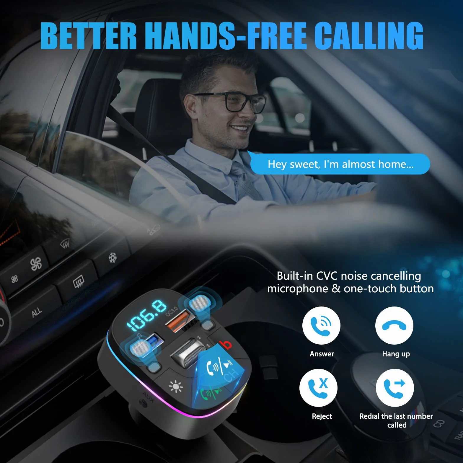 LENCENT 5.0 Samochodu Nadajnik FM Bluetooth, Bezprzewodowy Adapter Radiowy z QC3.0 ładowarka Fast USB, Adapter Radiowy Bluetooth AUX, Zestaw Głośnomówiący, MP3, Obsługuje dysk U, Kolorowe światło