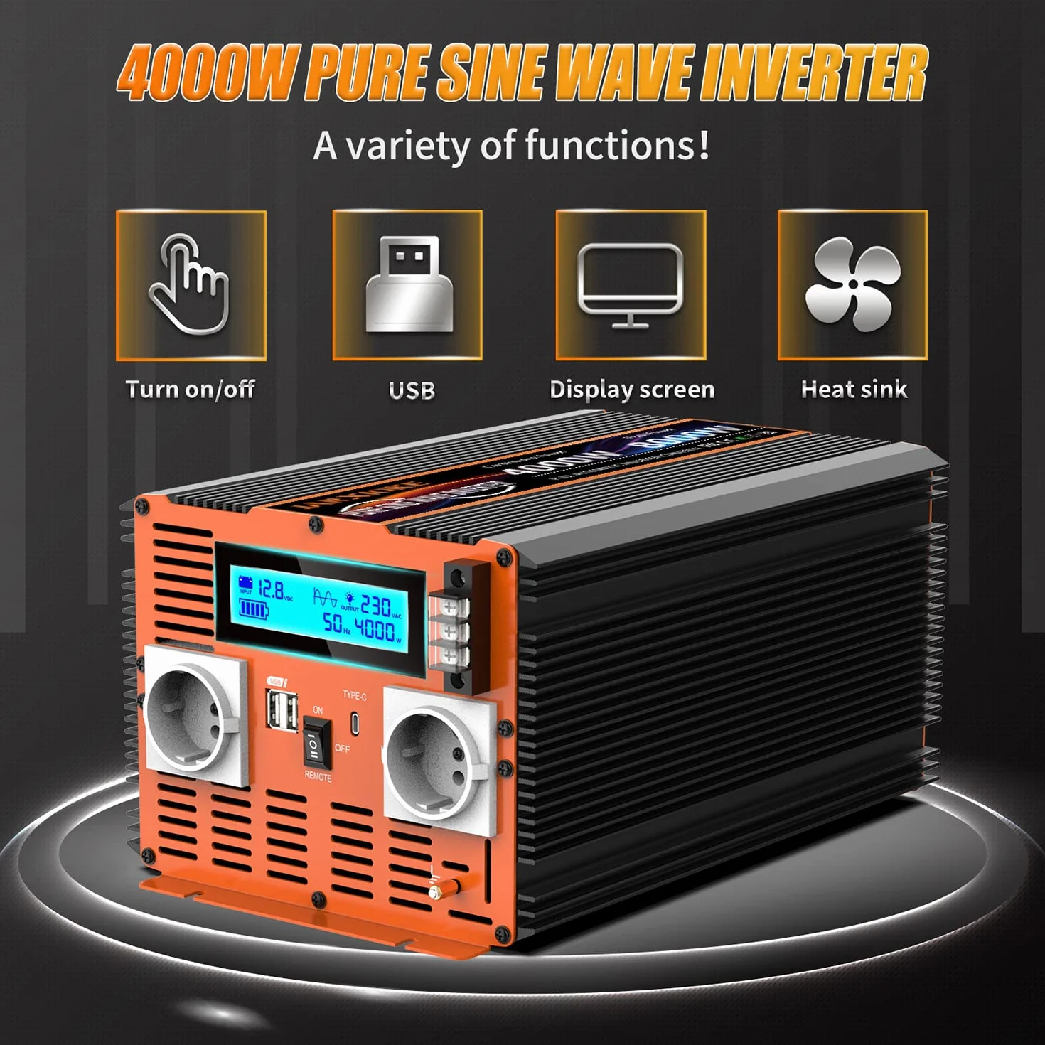 Falownik 12V 230V Czysty Sinus 4000W Przetwornica Napięcia z Pilotem Zdalnego Sterowania i Ekranem LCD i 2 Gniazdkami UE i 2 x port USB i Port typu C Solar Power Inverter (2 lata gwarancji)