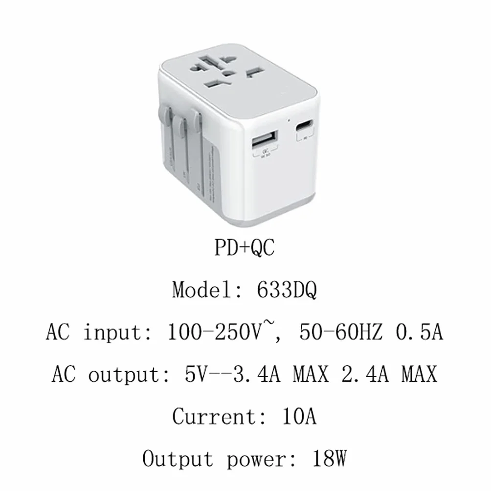 International Plug Converter, Universal International Travel Power Adapter, Adapter europejski, na całym świecie AC. Adaptery wylotowe (Color : PD+QC)