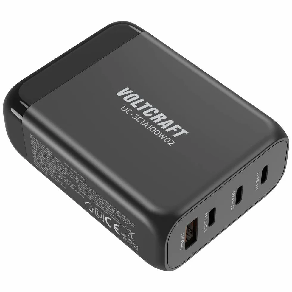 VOLTCRAFT UC-3C1A100W02 ładowarka USB 100 W 3 x USB-C, 1 x USB-A USB PD czarna wewnętrzna GaN, zasilanie USB (USB-PD), szybka