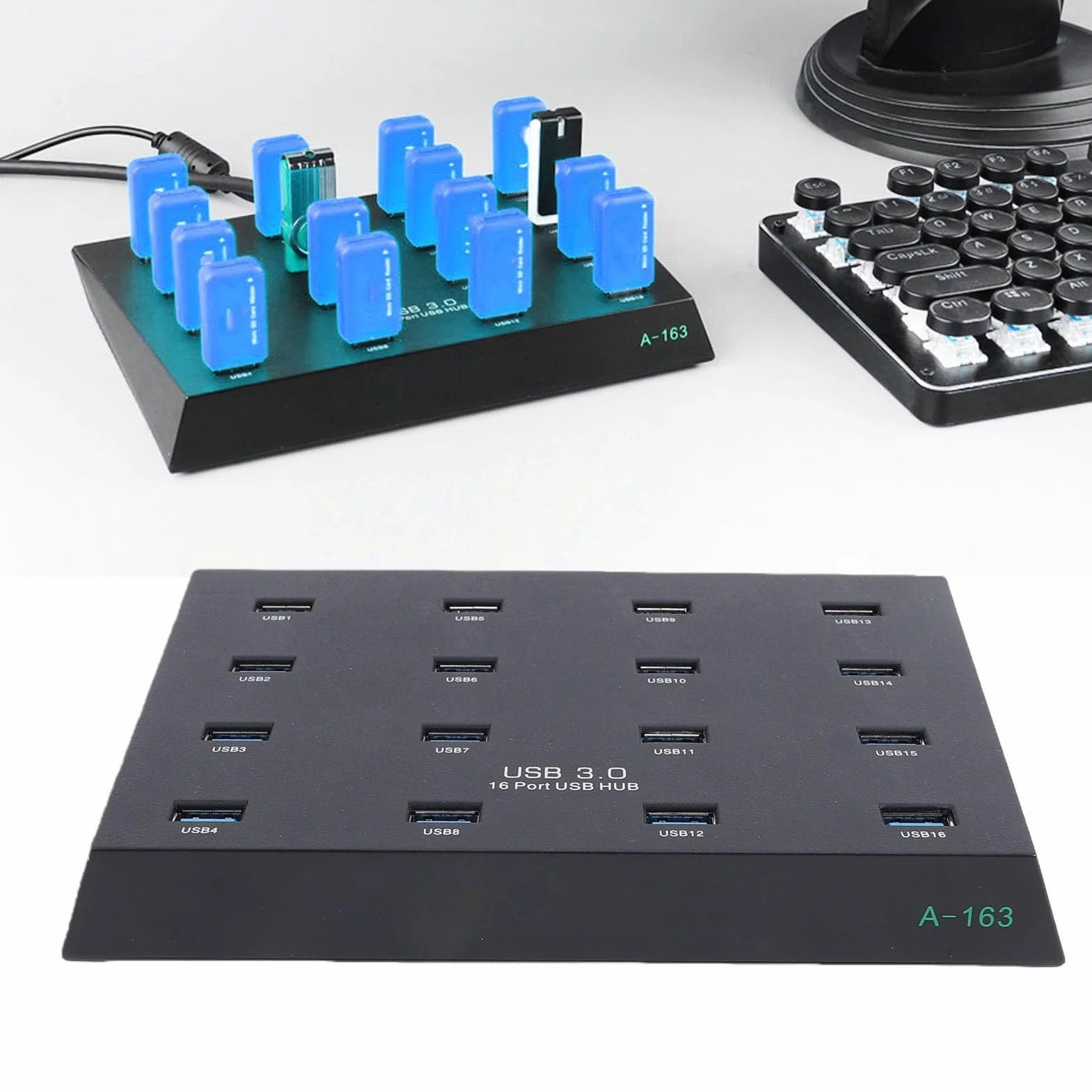 GOWENIC Koncentrator USB 3.0, 16 Portów, Transfer Danych 5 Gb/s, Przemysłowy Koncentrator USB do Testowania Wsadowego, z funkcją Plug and Play, Kompatybilny z Napędem Flash Czytnik (wtyczka UE)