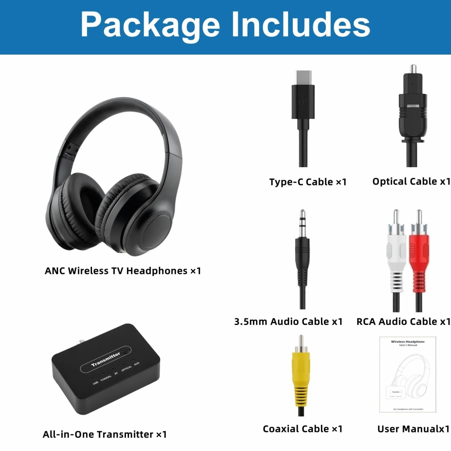 ANC Bezprzewodowe słuchawki TV dla seniorów - aktywna hybrydowa redukcja szumów, składane słuchawki Bluetooth 5.3 z nadajnikiem (optyczny/koncentryczny/USB/RCA/AUX), dźwięk Hi-Fi, 35H autonomia