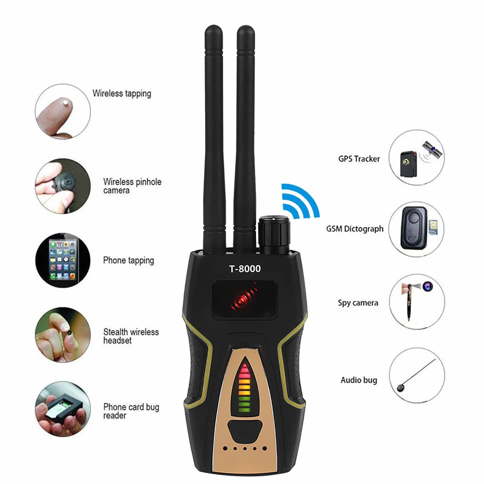 Zerone T-8000 GSM wzmacniacz sygnału detektor radiowy wykrywacz częstotliwości ręczny do lokalizatora GPS ze światłem LED
