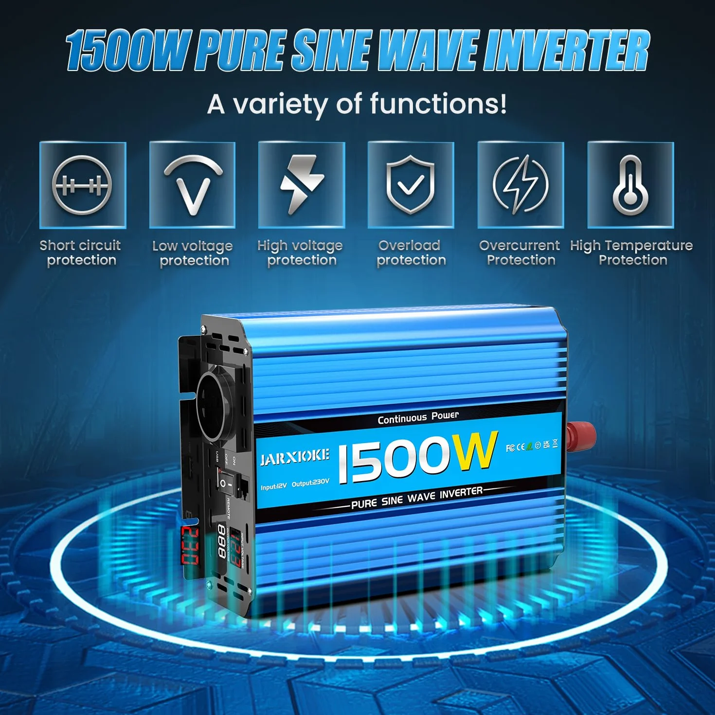 1500w Przetwornik 12V do 230V Czysty Sinus Falownik Napięcia 12V 230v DC Przetwornik Słoneczny,z Gniazdem Europejskim i USB,Pilot Zdalnego Sterowania