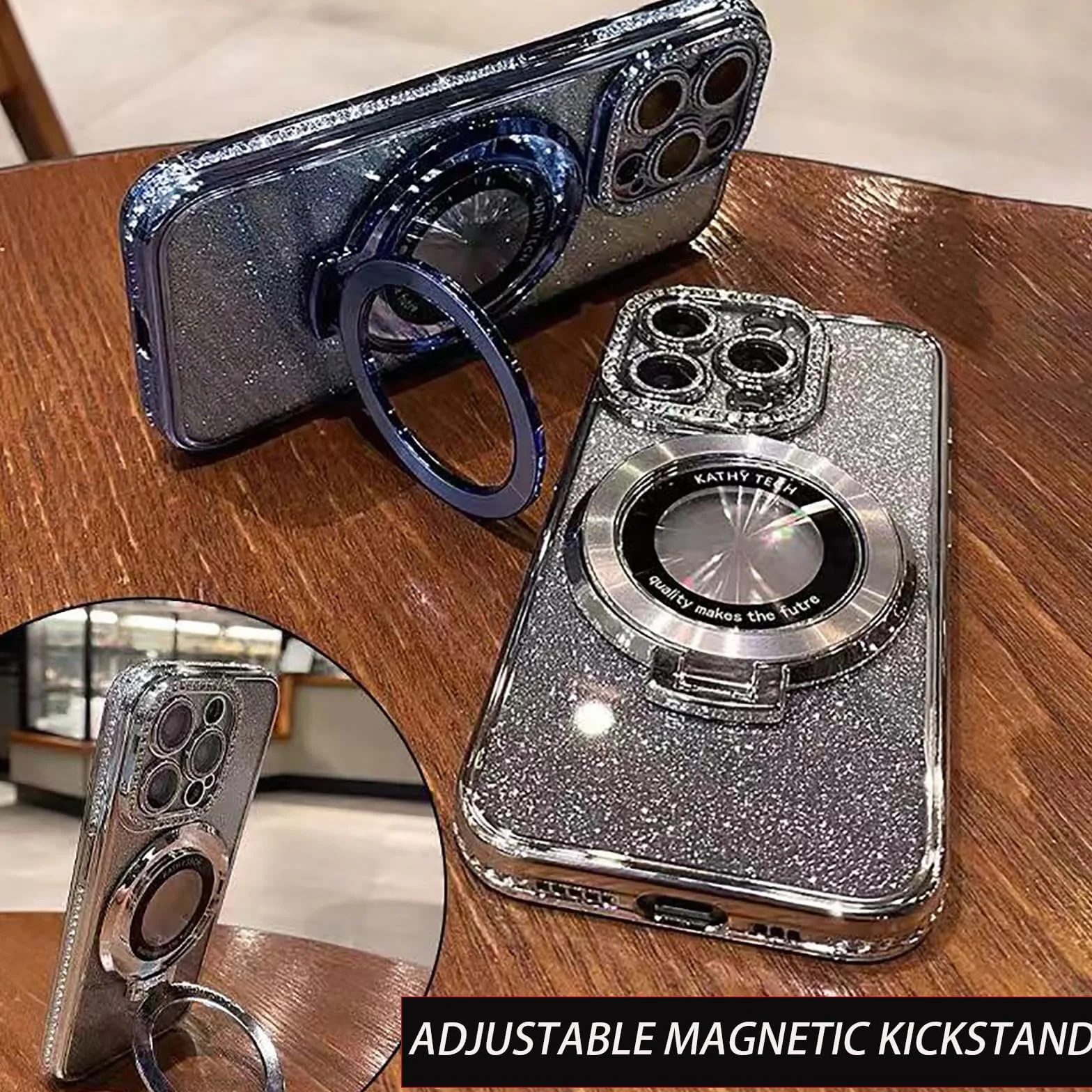 Magnetyczne etui z podpórką do iPhone'a 16 Pro Max, z brokatową osłoną soczewek, kompatybilne z Magsafe, luksusowe błyszczące diamentowe etui, brokatowe etui na telefon z kryształami górskimi (dla