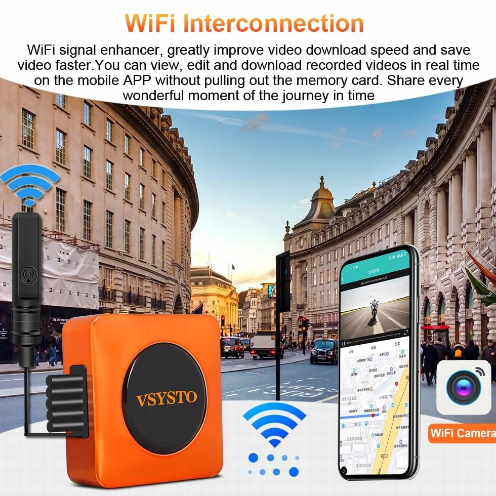Kamera Motocyklowa VSYSTO WiFi, Monitorowanie Parkingu, GPS, Przednia i tylna Kamera 1080P, Szybkie Pobieranie Wideo, Przewodowy Kontroler, Ostrzeżenie Wibracyjne o Błędach (Q3DL)