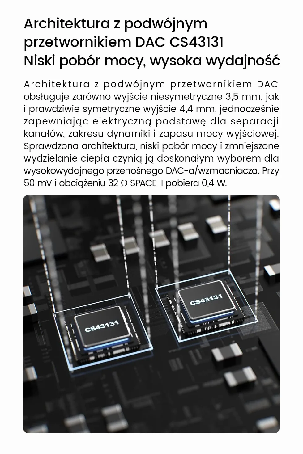 SPACEⅡ Przenośny DAC, wydajny wzmacniacz niskostratny z APP i mikrofonem | Dual CS43131, DAC niskoprądowy, układ transmisji cyfrowej USB "PureBridge", DSD256 PCM32Bit/384kHz, wyjścia 3.5mm/4.4mm