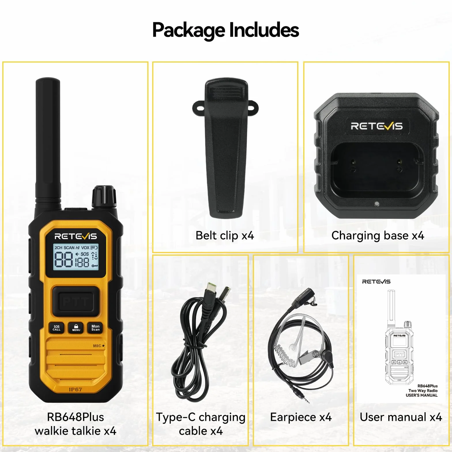 Retevis RB648 Plus Walkie Talkie o Dużej Mocy, IP67 Wodoodporne Radio Dwukierunkowe ze Słuchawkami, Połączenie Grupowe, 2000mAh, VOX, Profesjonalne Walkie Talkie dla Dorosłych, Produkcji(4 Szt. Żółty)