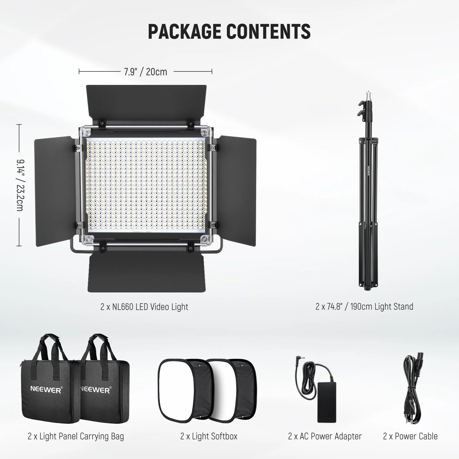 NEEWER 2 Opakowanie Bicolor 660 Panel LED Light Video & Stand Kit: 3200-5600K CRI 96+ Ściemniane ciągłe oświetlenie z U wspornikiem i Barndoor, 190cm Stojak Światła