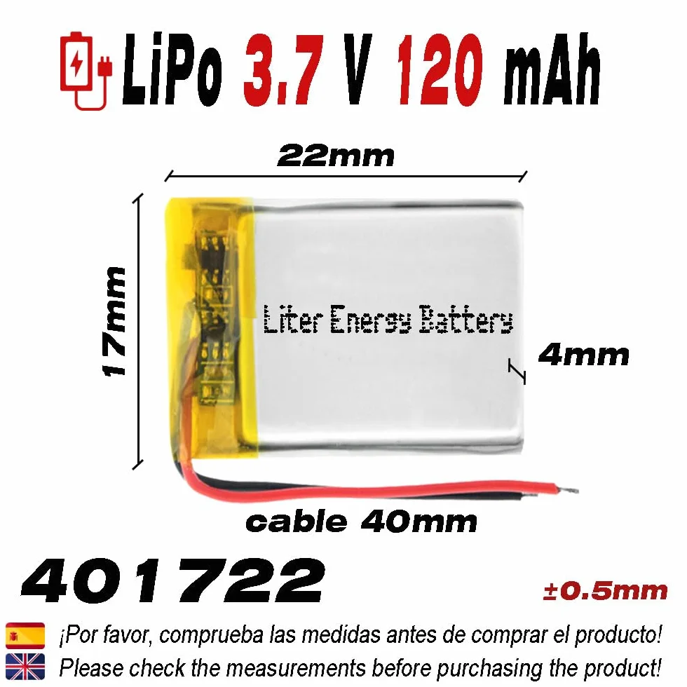 Bateria 401722 LiPo 3.7V 120mAh 0.444Wh 1S 5C Liter Energy Battery Akumulator dla Elektroniki ładowalny litowy polimerowy telefon - Nie nadaje się do sterowania radiowego 24x17x4mm (120mAh|401722)