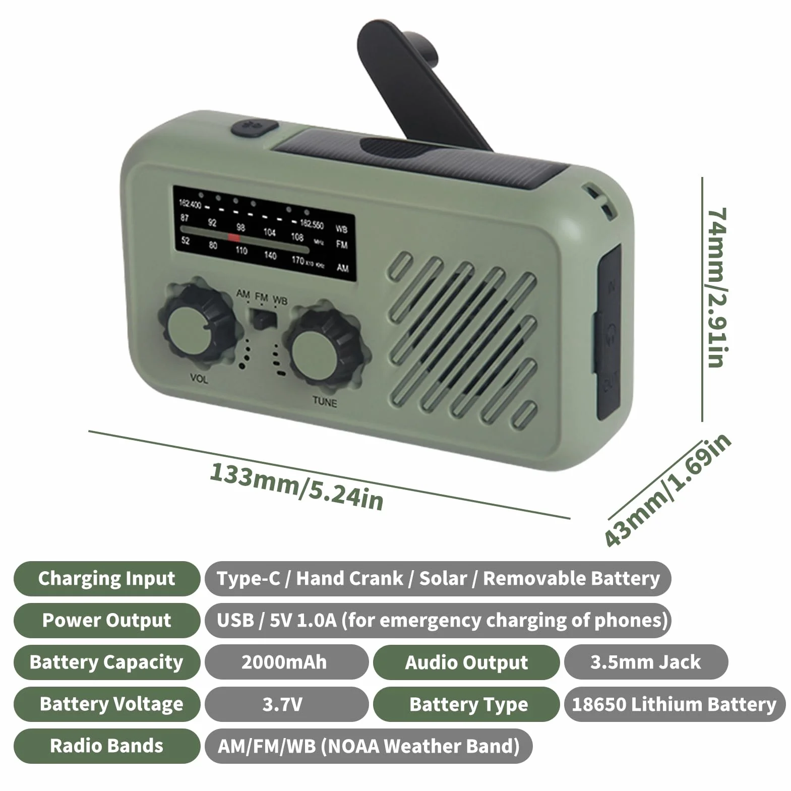 Fyearfly radio korbowe 2000mAh z dynamo, radio awaryjne ładowane solarnie, powerbank USB, radio AM/FM z alarmem SOS, światło LED do kempingu na zewnątrz