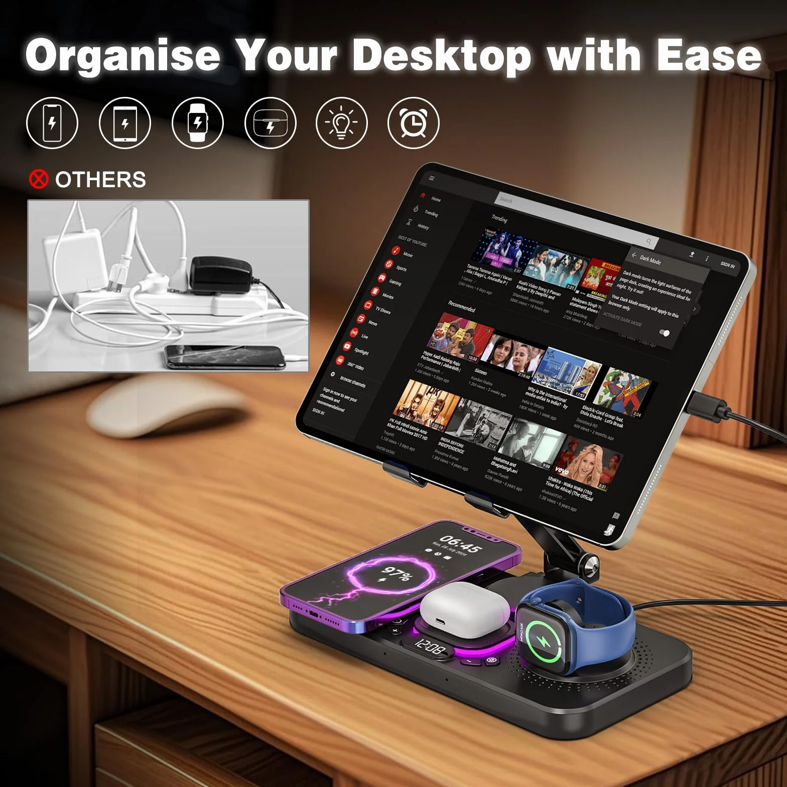 Bezprzewodowa stacja ładująca 4 w 1 do iPhone'a, regulowany stojak na tablet biurkowy z lampką nocną LED, składany stołowy uchwyt na iPada Pro Air Mini, tablety i telefony 10,16 cm-39,62 cm